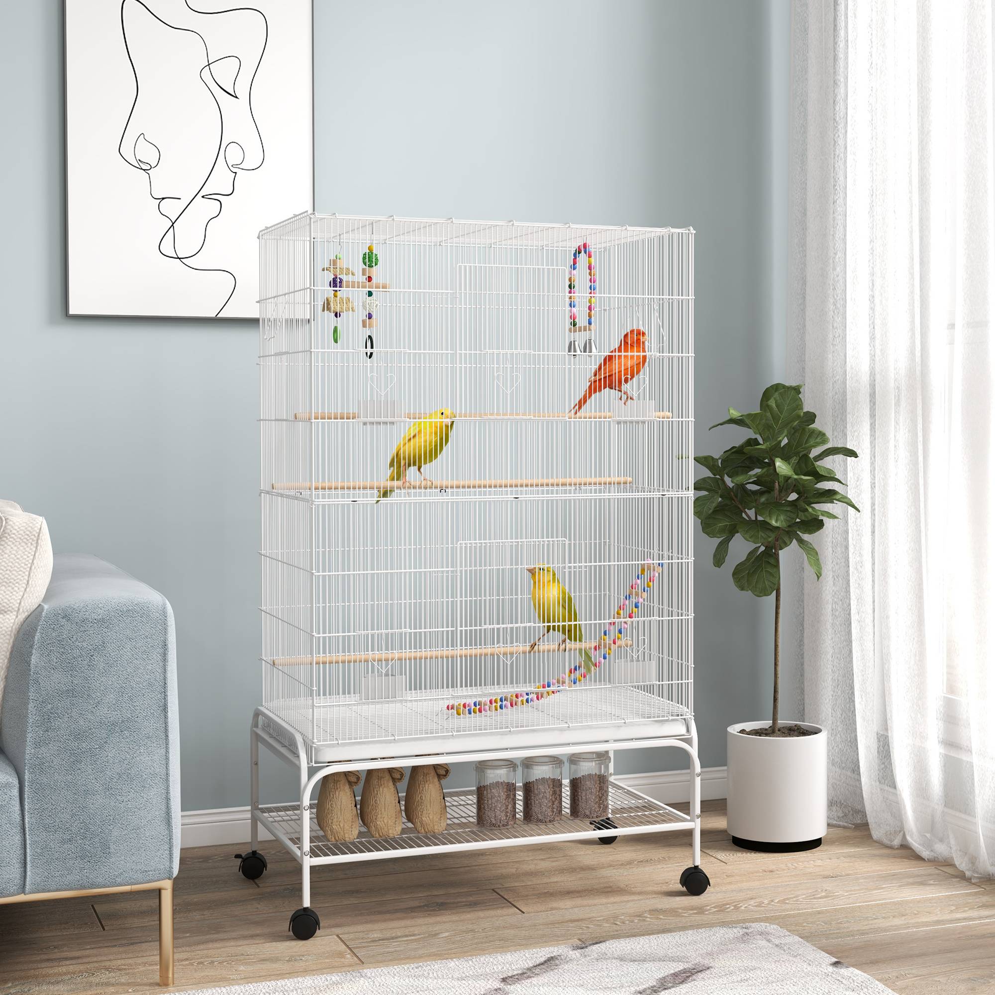 Sans Marque - Cage à oiseaux sur pieds roulettes avec 4 mangeoires et 3 perchoirs 79 x 49 x 133 cm blanc - Image 3