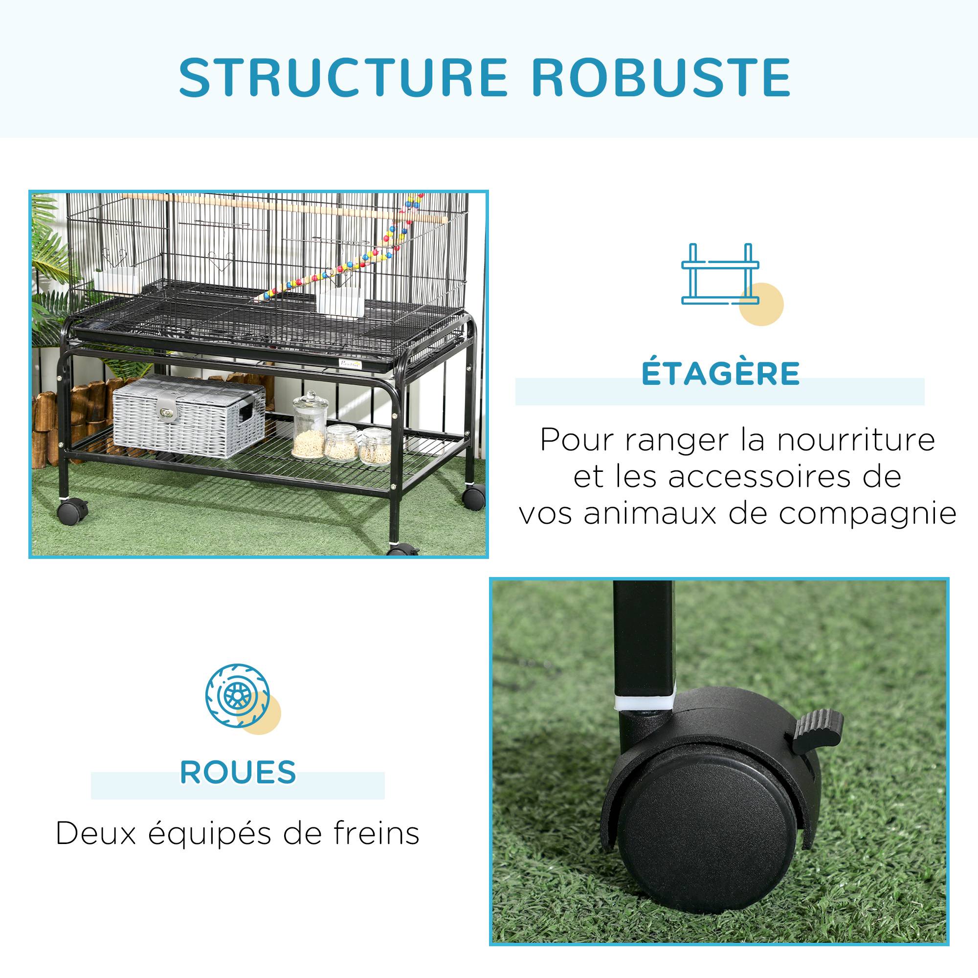 Pawhut - Cage à oiseaux sur roulettes - étagère, plateau déjection, 3 perchoirs, 4 mangeoirs, 2 portes, 8 trappes, accessoires - acier noir - Image 7