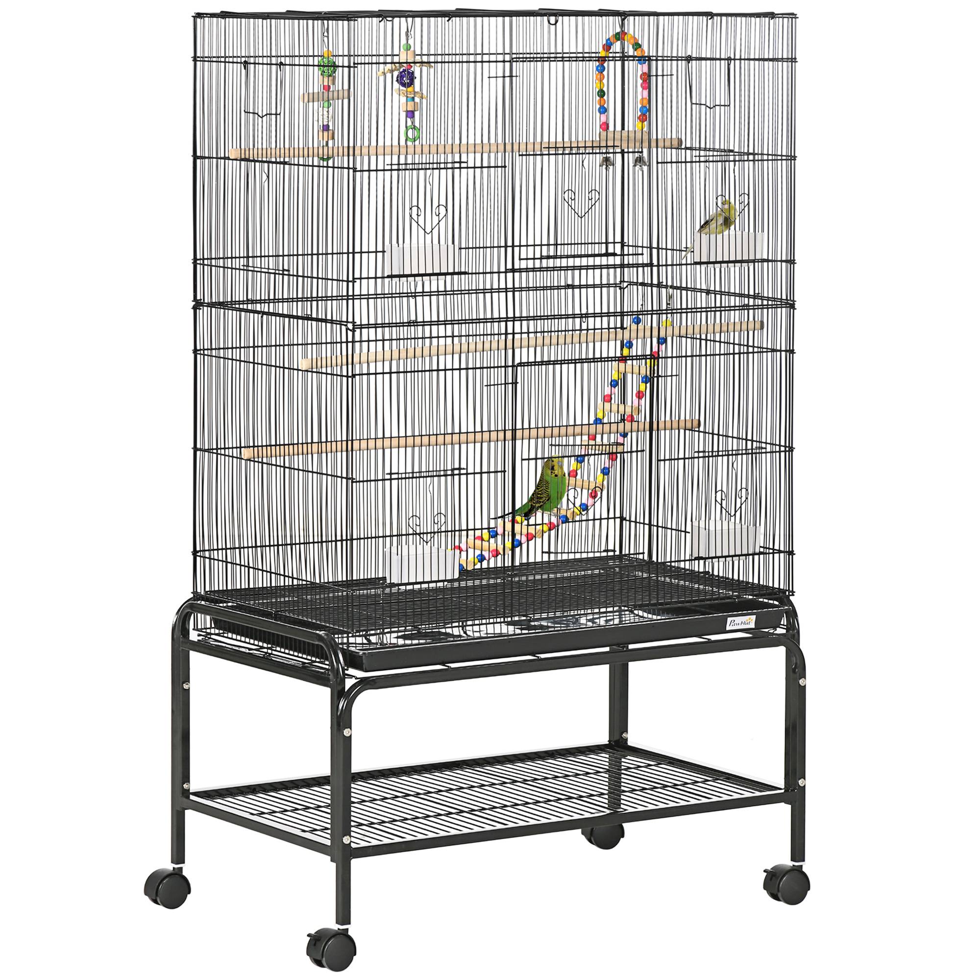 Pawhut - Cage à oiseaux sur roulettes - étagère, plateau déjection, 3 perchoirs, 4 mangeoirs, 2 portes, 8 trappes, accessoires - acier noir - Image 1