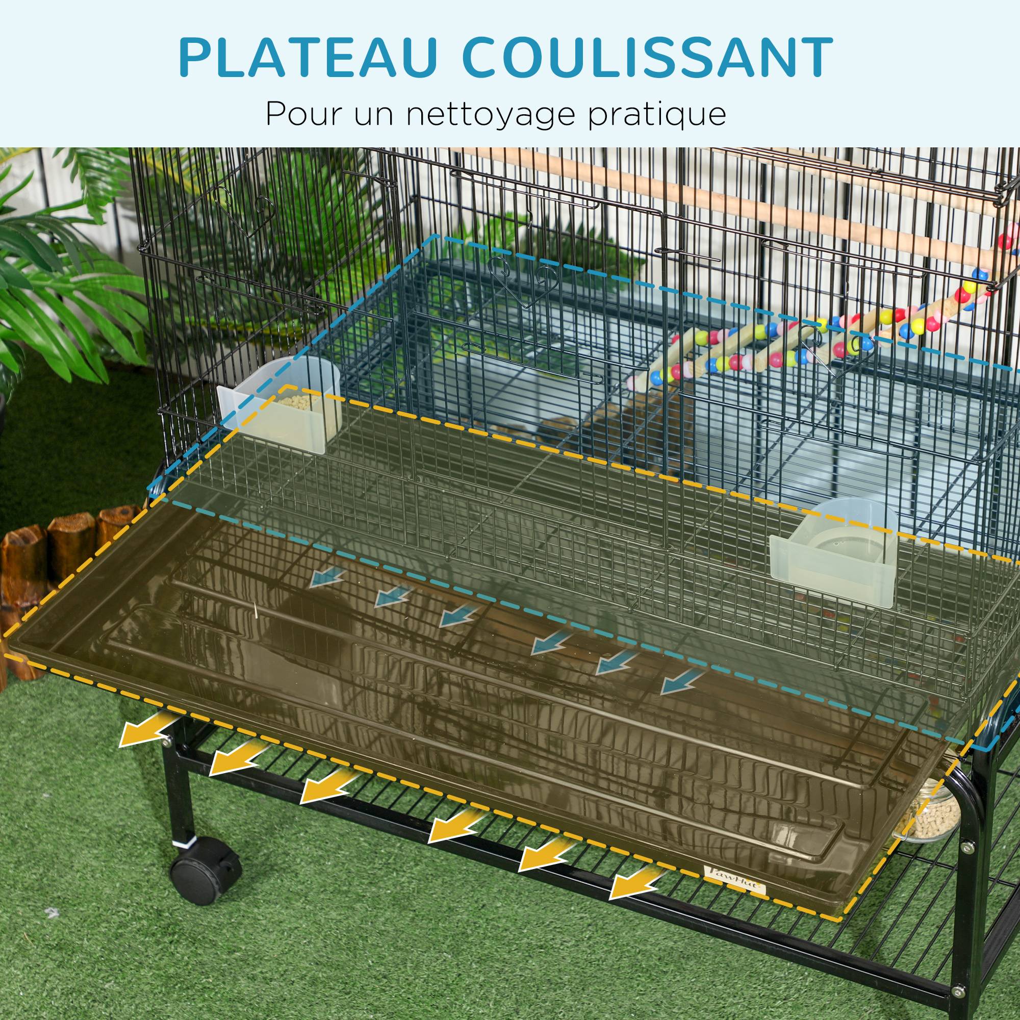 Pawhut - Cage à oiseaux sur roulettes - étagère, plateau déjection, 3 perchoirs, 4 mangeoirs, 2 portes, 8 trappes, accessoires - acier noir - Image 6