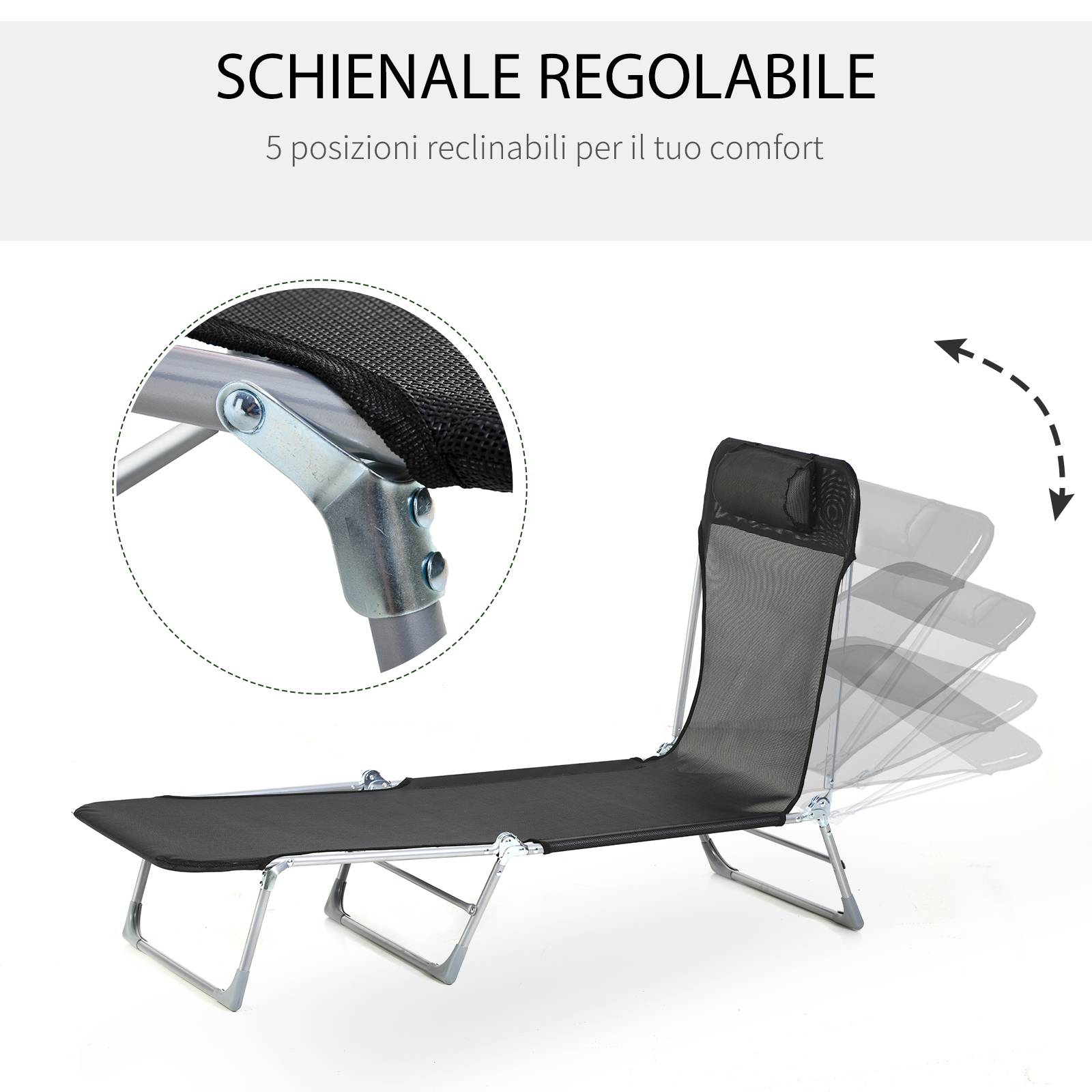 Chaise longue jardin pliante dossier inclinable coussin métal textilène 182x56x28 cm noire - Image 6