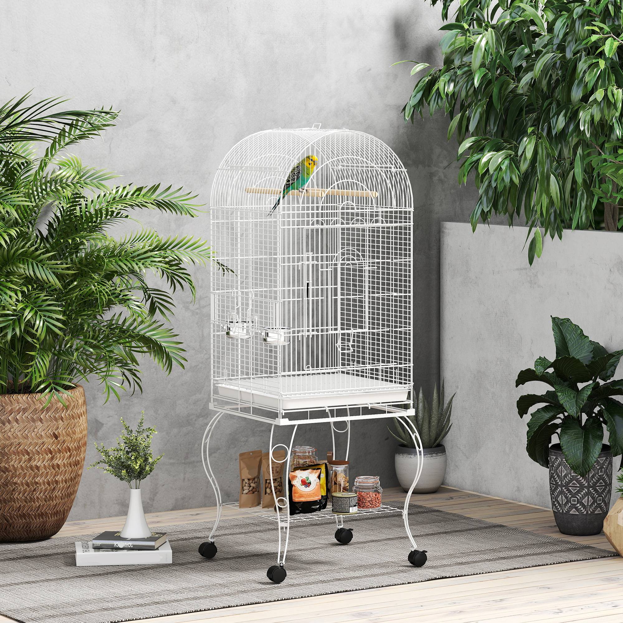 Cage à oiseaux avec roulettes et étagère, dessus rabattable, mangeoires et plateau extractible, 51x51x153 cm, blanc - Image 4