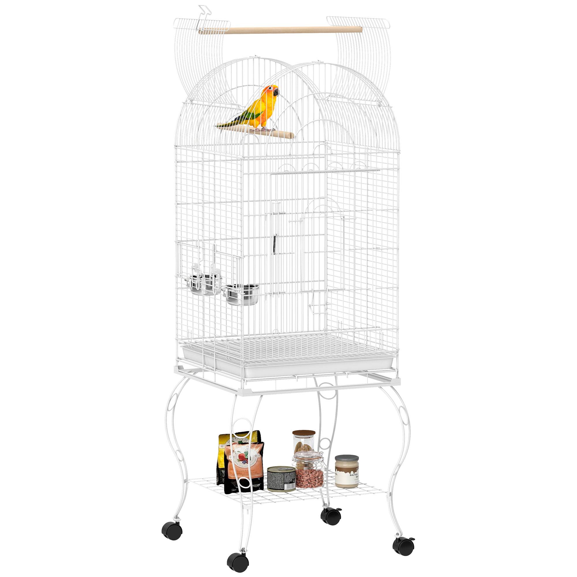 Cage à oiseaux avec roulettes et étagère, dessus rabattable, mangeoires et plateau extractible, 51x51x153 cm, blanc - Image 1