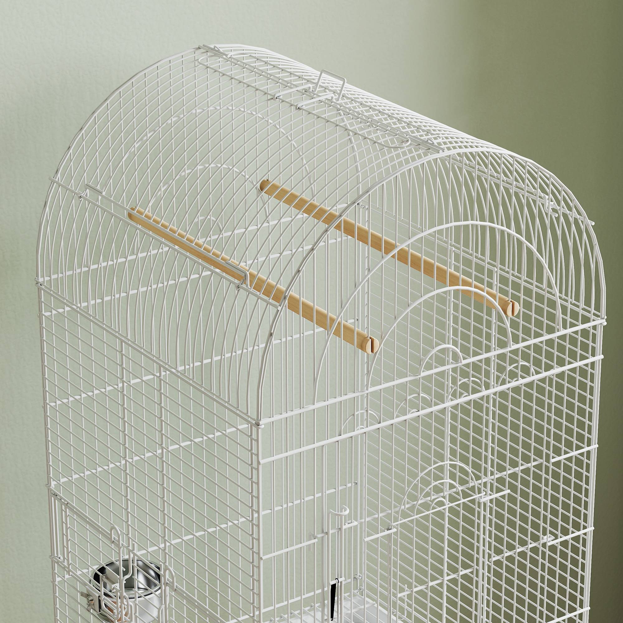 Cage à oiseaux avec roulettes et étagère, dessus rabattable, mangeoires et plateau extractible, 51x51x153 cm, blanc - Image 10