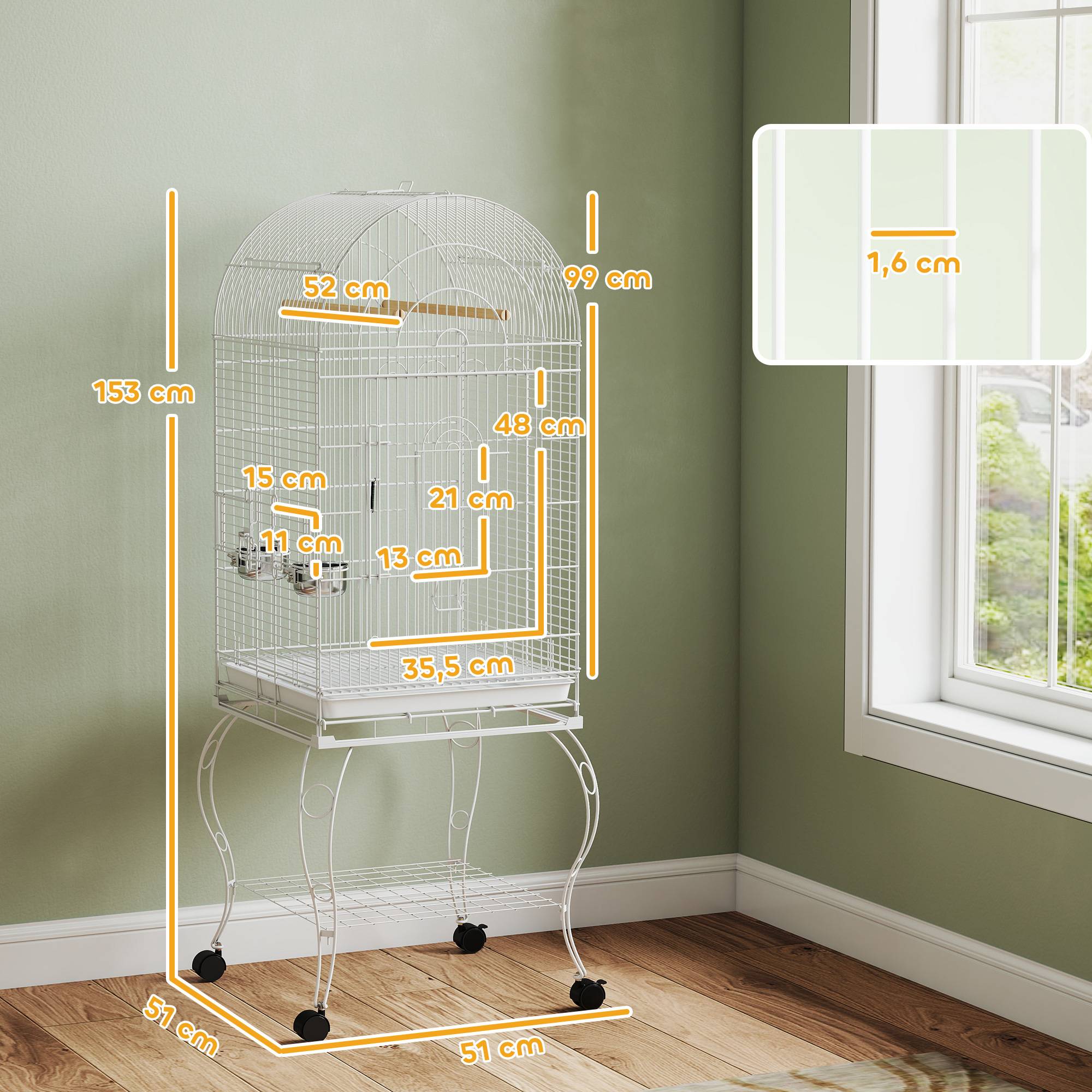 Cage à oiseaux avec roulettes et étagère, dessus rabattable, mangeoires et plateau extractible, 51x51x153 cm, blanc - Image 5
