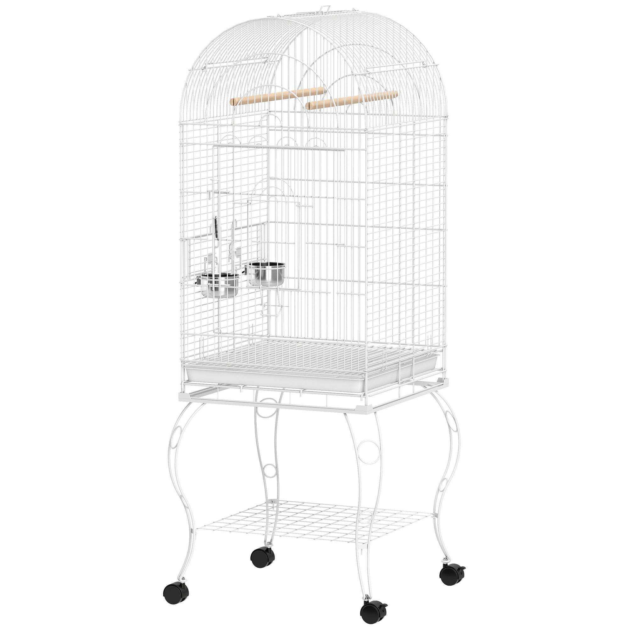 Cage à oiseaux avec roulettes et étagère, dessus rabattable, mangeoires et plateau extractible, 51x51x153 cm, blanc - Image 2