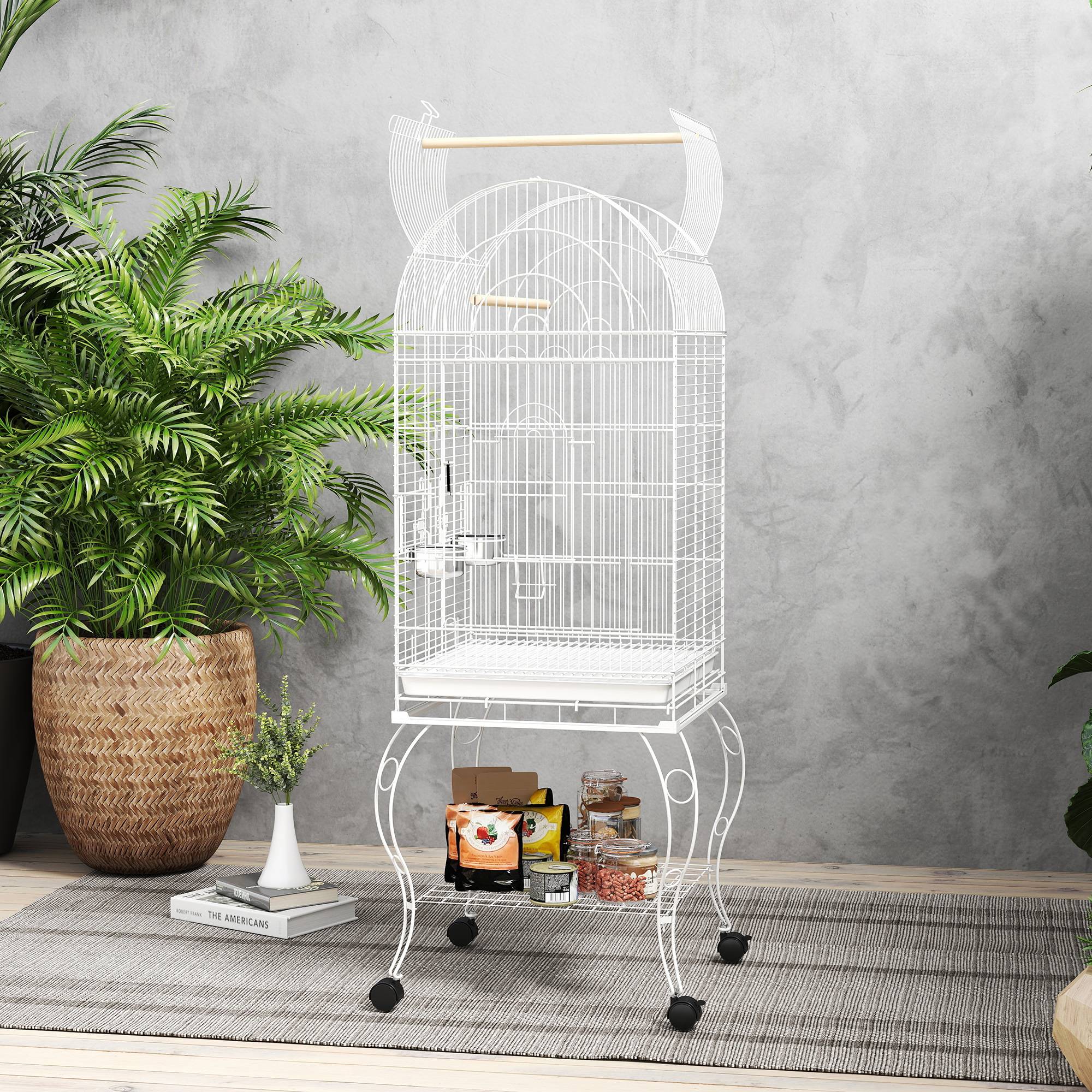 Cage à oiseaux avec roulettes et étagère, dessus rabattable, mangeoires et plateau extractible, 51x51x153 cm, blanc - Image 9
