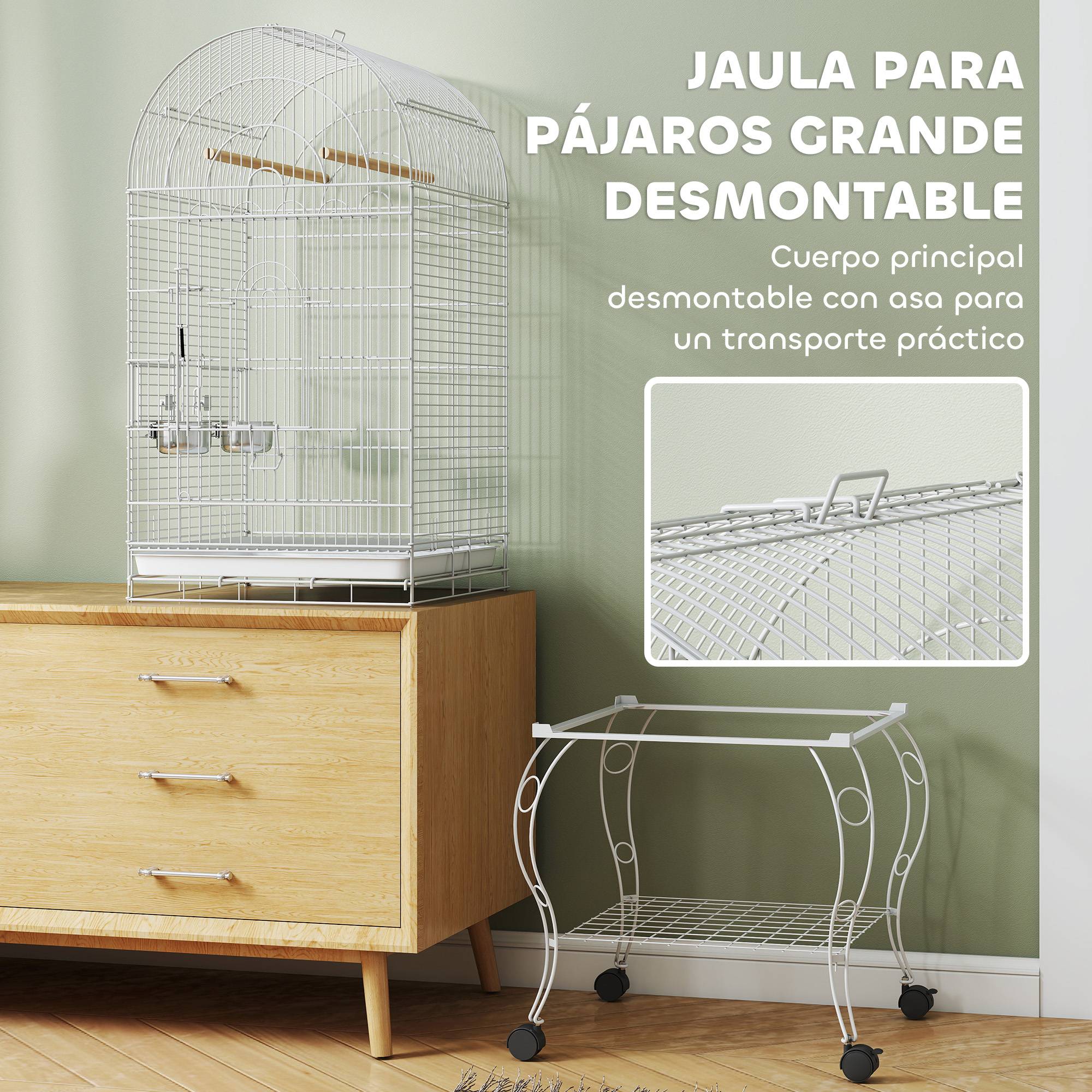 Cage à oiseaux avec roulettes et étagère, dessus rabattable, mangeoires et plateau extractible, 51x51x153 cm, blanc - Image 6