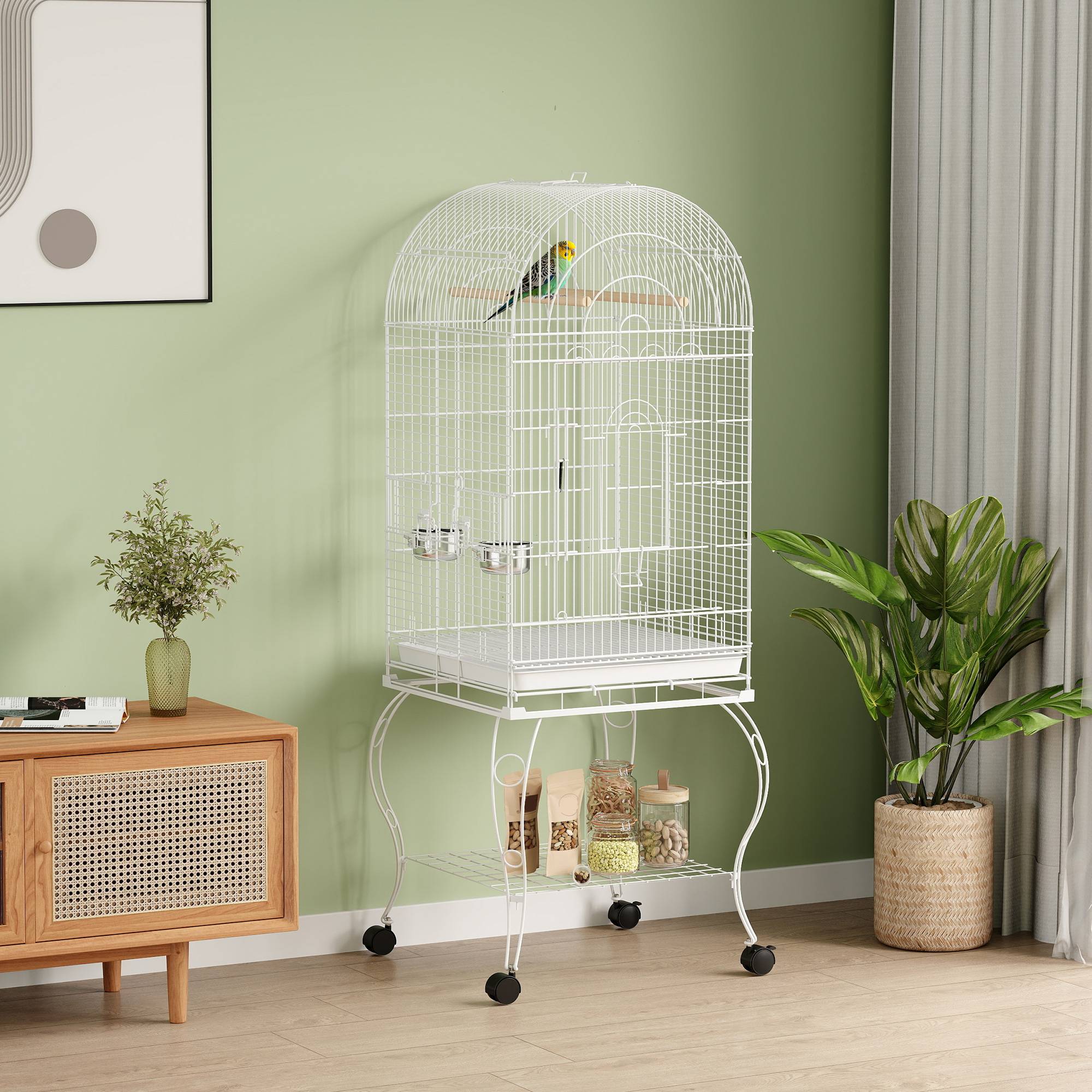 Cage à oiseaux avec roulettes et étagère, dessus rabattable, mangeoires et plateau extractible, 51x51x153 cm, blanc - Image 3