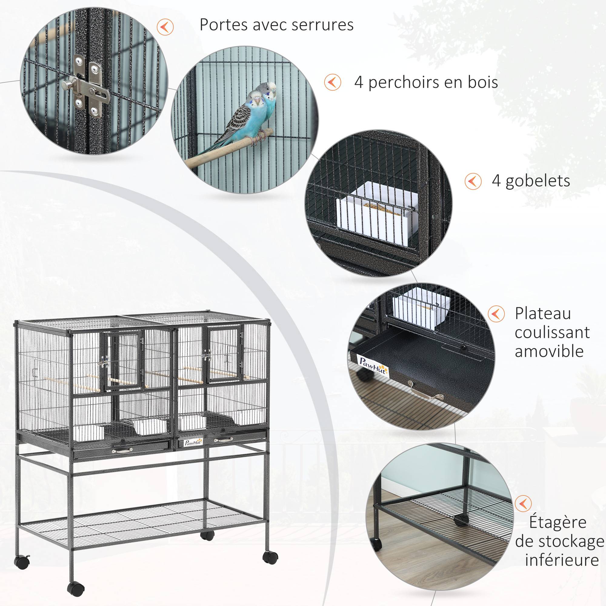 Sans Marque - Cage à oiseaux avec séparation mangeoire et perchoir 95L x 45,5l x 102H cm Noir et Gris - Image 6