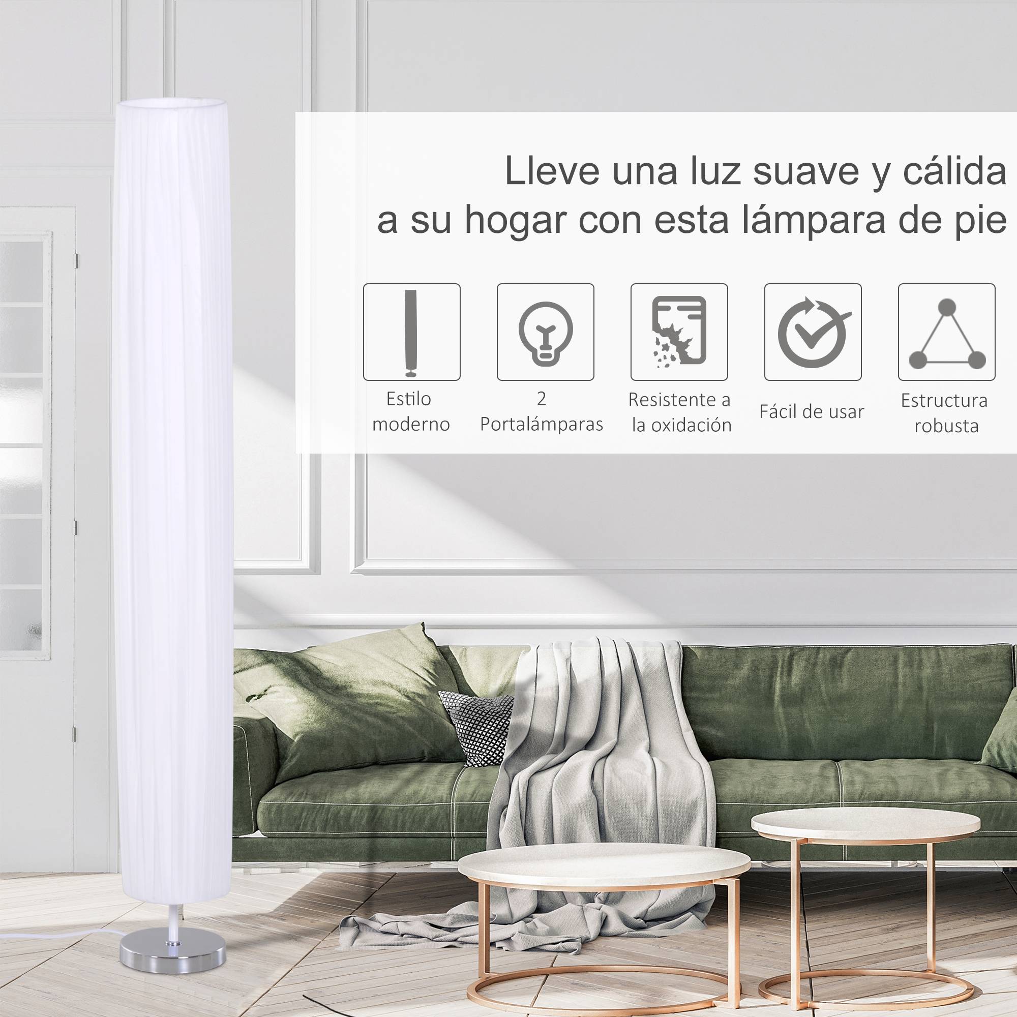 Lampadaire blanc 120 cm base acier inoxydable 2 douilles E27 interrupteur faible consommation intérieur - Image 6