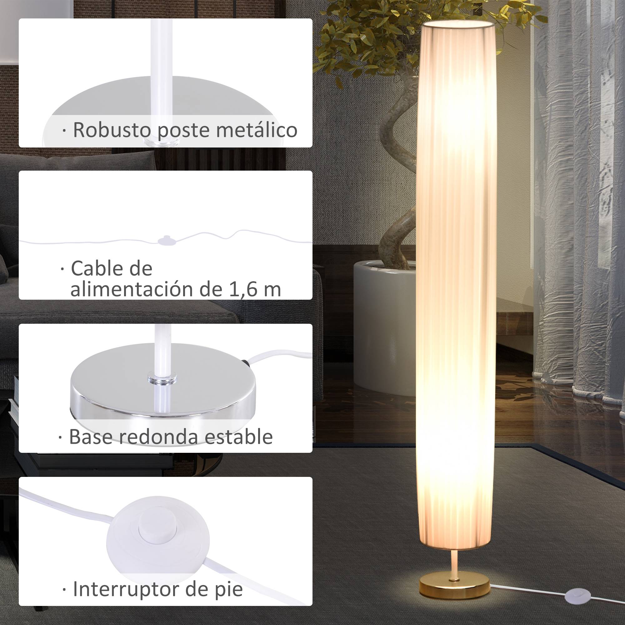 Lampadaire blanc 120 cm base acier inoxydable 2 douilles E27 interrupteur faible consommation intérieur - Image 5