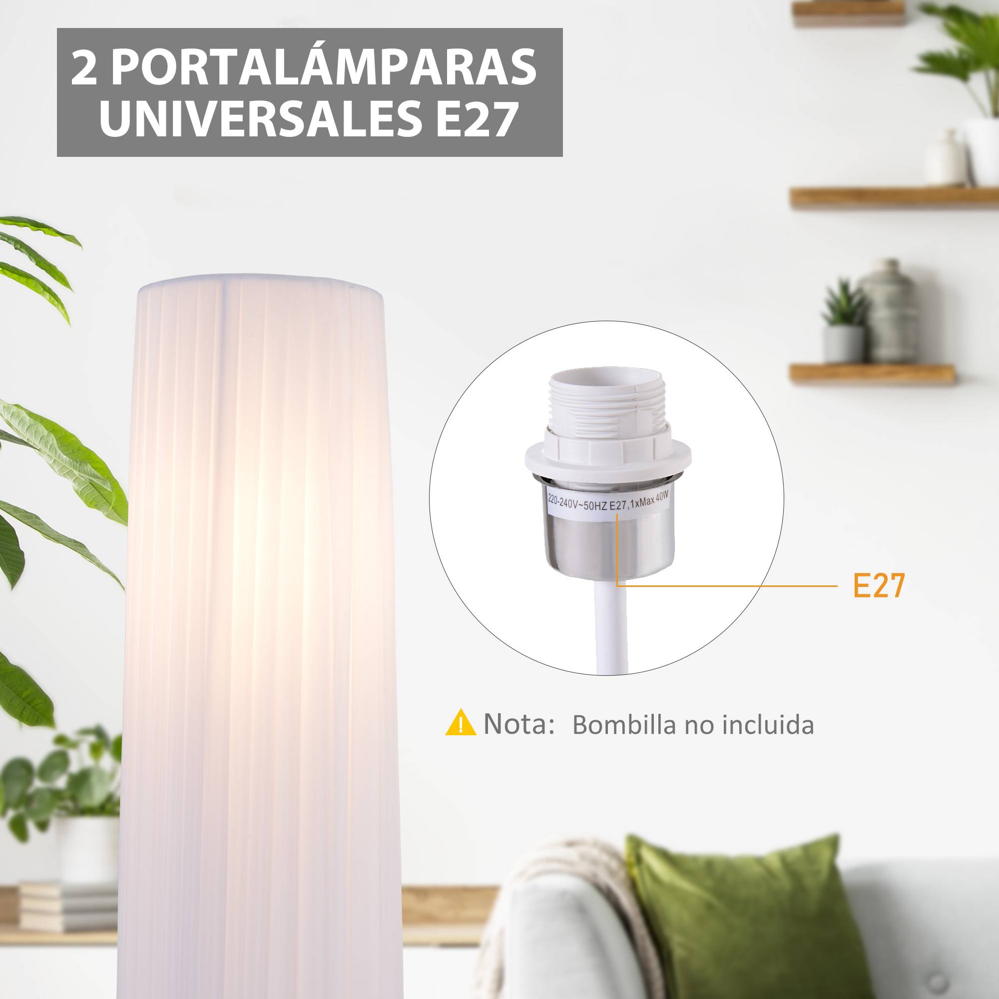 Lampadaire blanc 120 cm base acier inoxydable 2 douilles E27 interrupteur faible consommation intérieur - Image 4