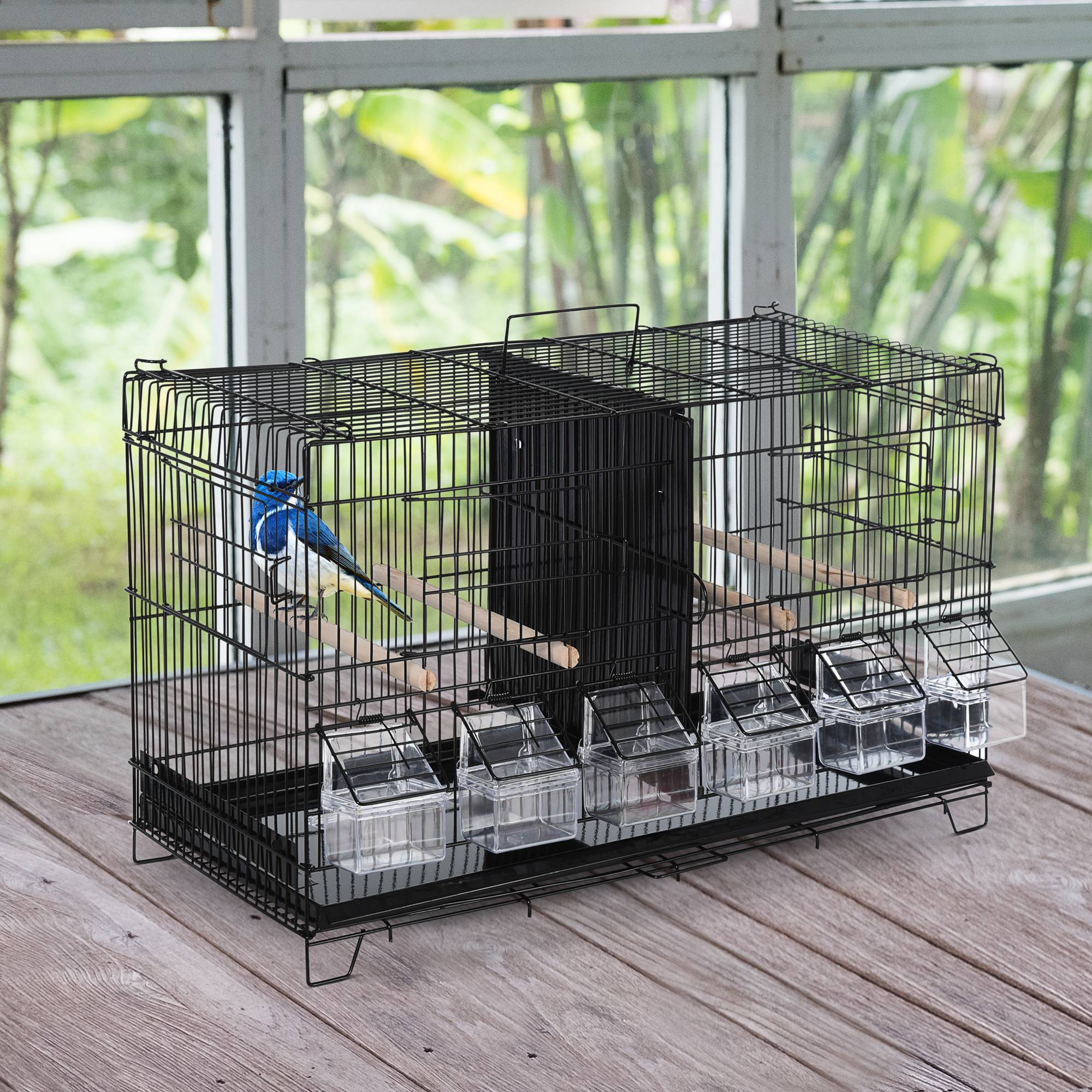 Pawhut - PawHut Cage à oiseaux dim. 59,5L x 29,8I x 35,3H cm mangeoires perchoirs 4 portes plateau excrément amovible + poignée transport métal PP noir - Image 2