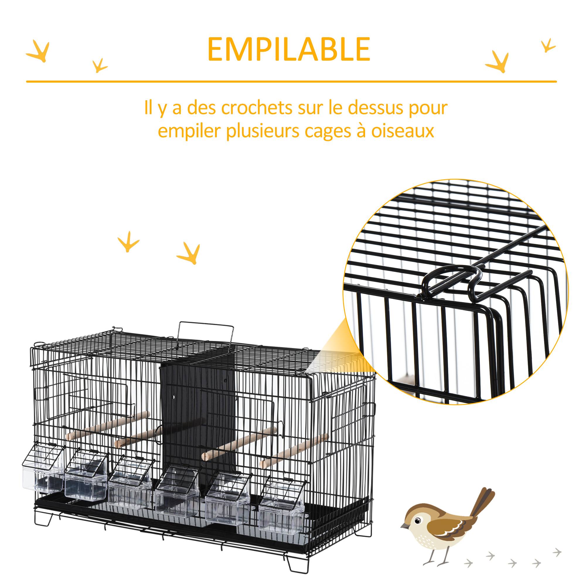 Pawhut - PawHut Cage à oiseaux dim. 59,5L x 29,8I x 35,3H cm mangeoires perchoirs 4 portes plateau excrément amovible + poignée transport métal PP noir - Image 7