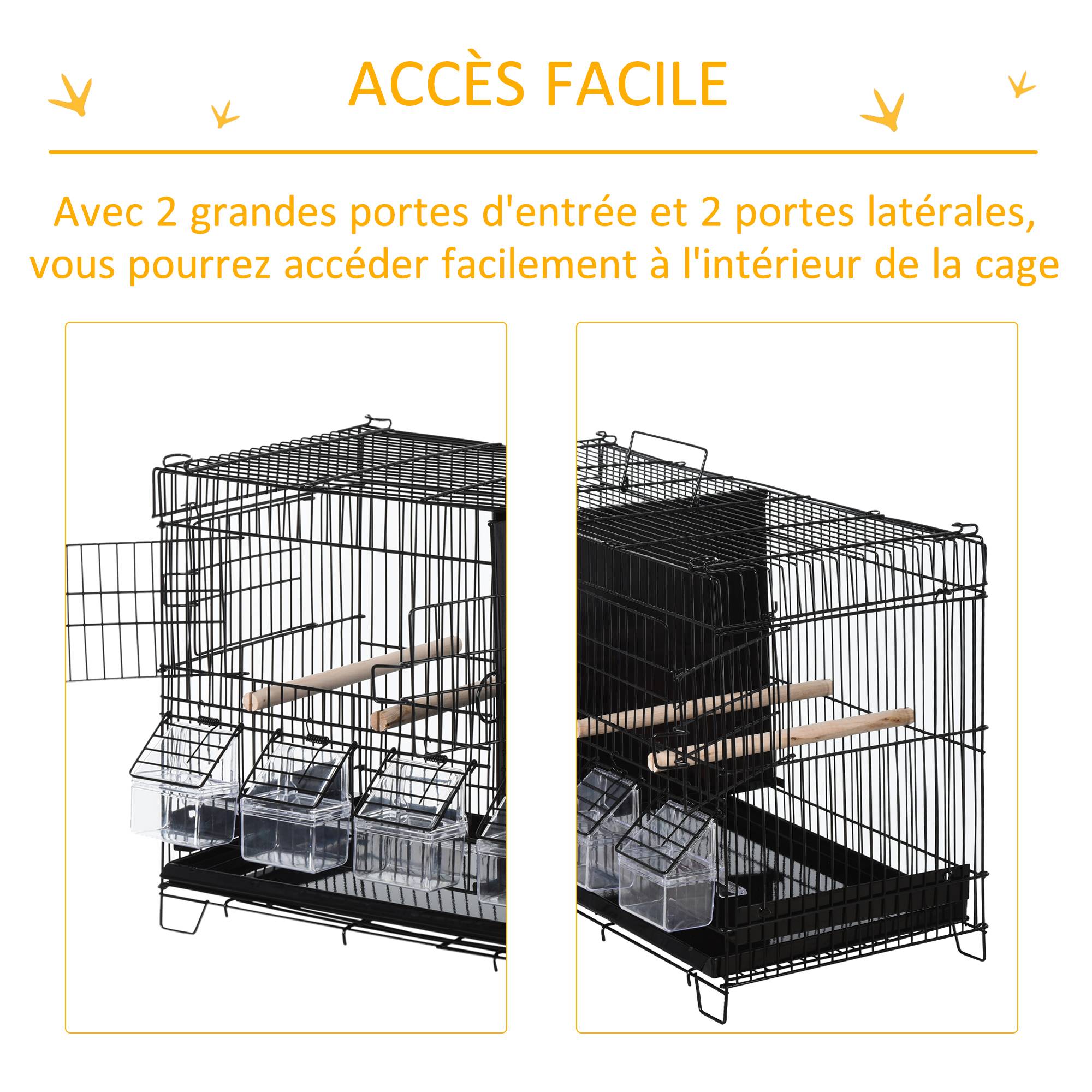 Pawhut - PawHut Cage à oiseaux dim. 59,5L x 29,8I x 35,3H cm mangeoires perchoirs 4 portes plateau excrément amovible + poignée transport métal PP noir - Image 5