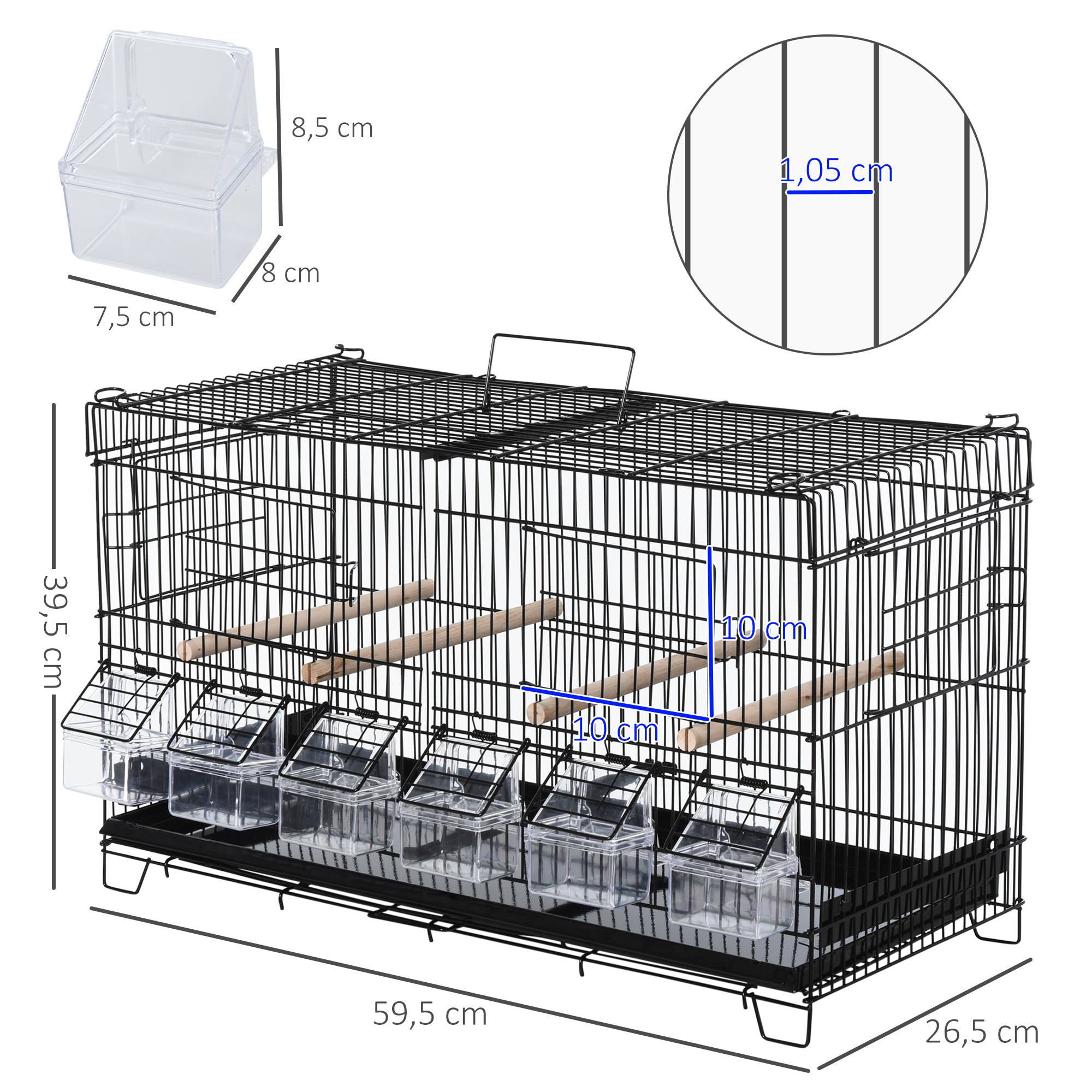Pawhut - PawHut Cage à oiseaux dim. 59,5L x 29,8I x 35,3H cm mangeoires perchoirs 4 portes plateau excrément amovible + poignée transport métal PP noir - Image 3