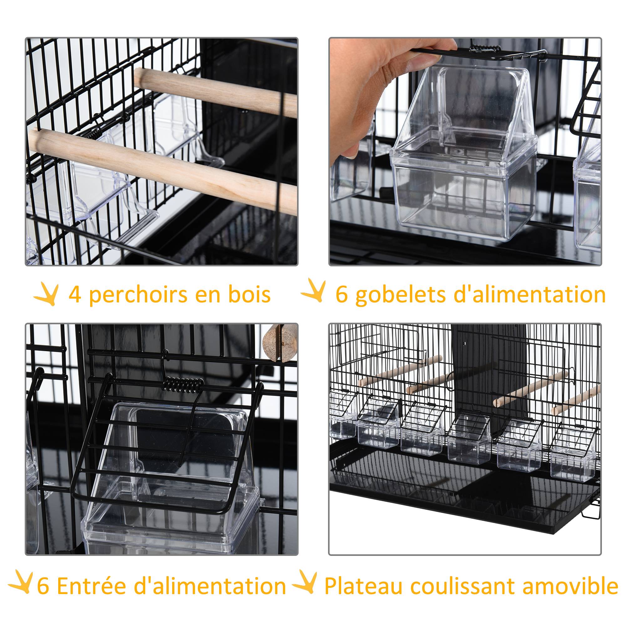 Pawhut - PawHut Cage à oiseaux dim. 59,5L x 29,8I x 35,3H cm mangeoires perchoirs 4 portes plateau excrément amovible + poignée transport métal PP noir - Image 4