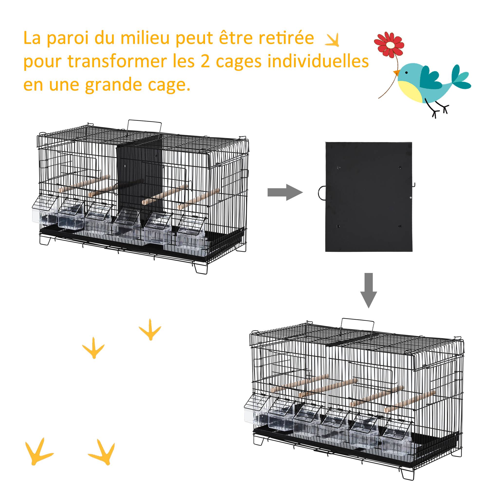 Pawhut - PawHut Cage à oiseaux dim. 59,5L x 29,8I x 35,3H cm mangeoires perchoirs 4 portes plateau excrément amovible + poignée transport métal PP noir - Image 6