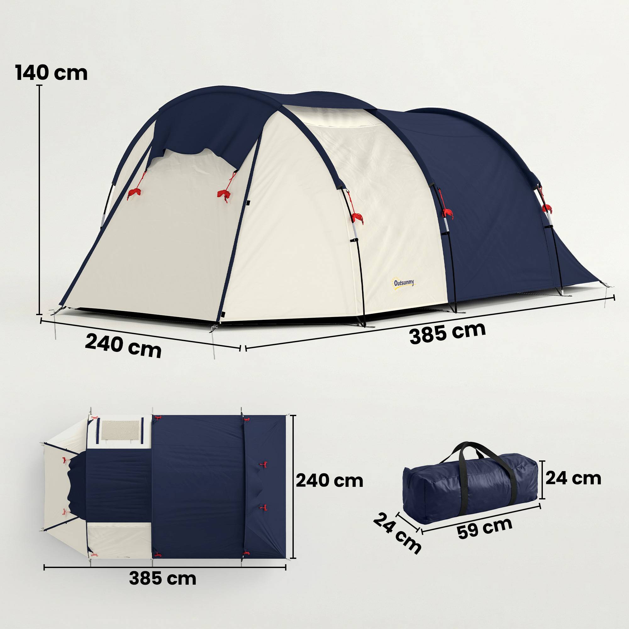 Tente tunnel 4 personnes familiale fenêtres chambre et séjour, tapis de sol, hauteur sous plafond 3000 mm - Image 5