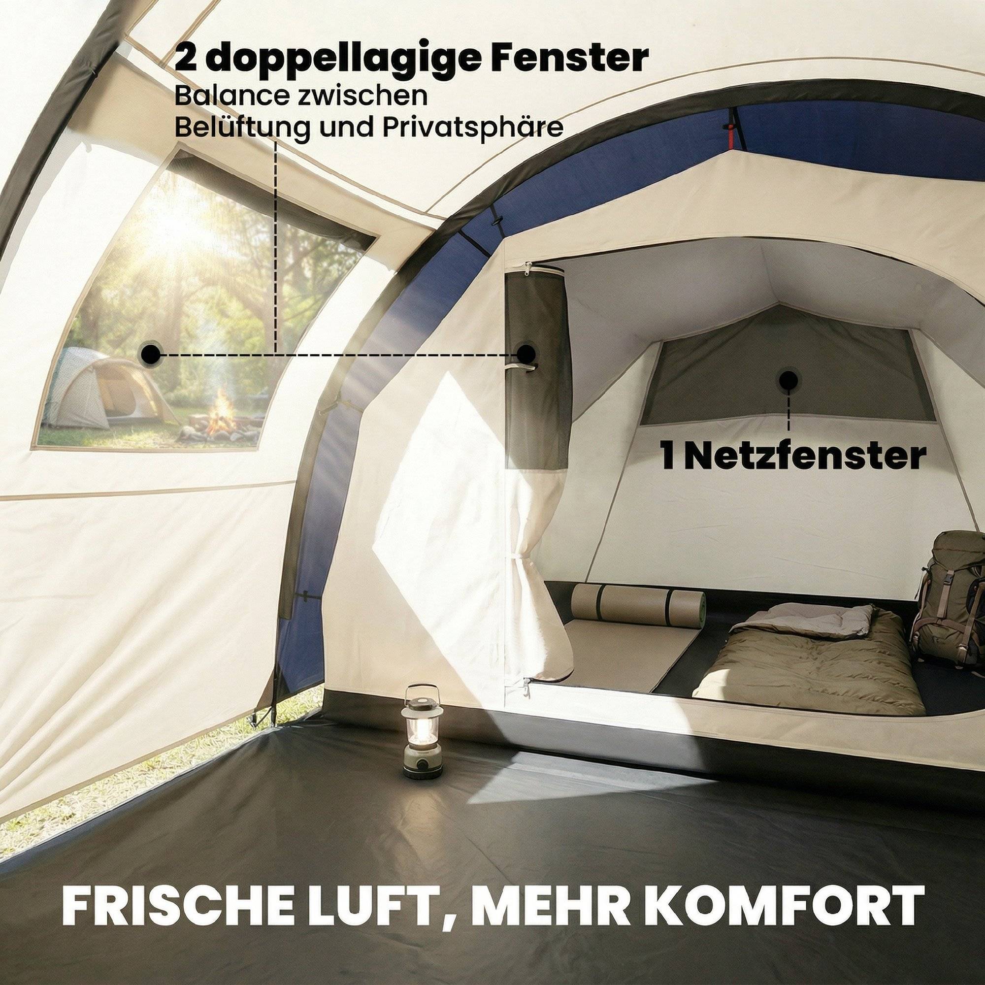 Tente tunnel 4 personnes familiale fenêtres chambre et séjour, tapis de sol, hauteur sous plafond 3000 mm - Image 8