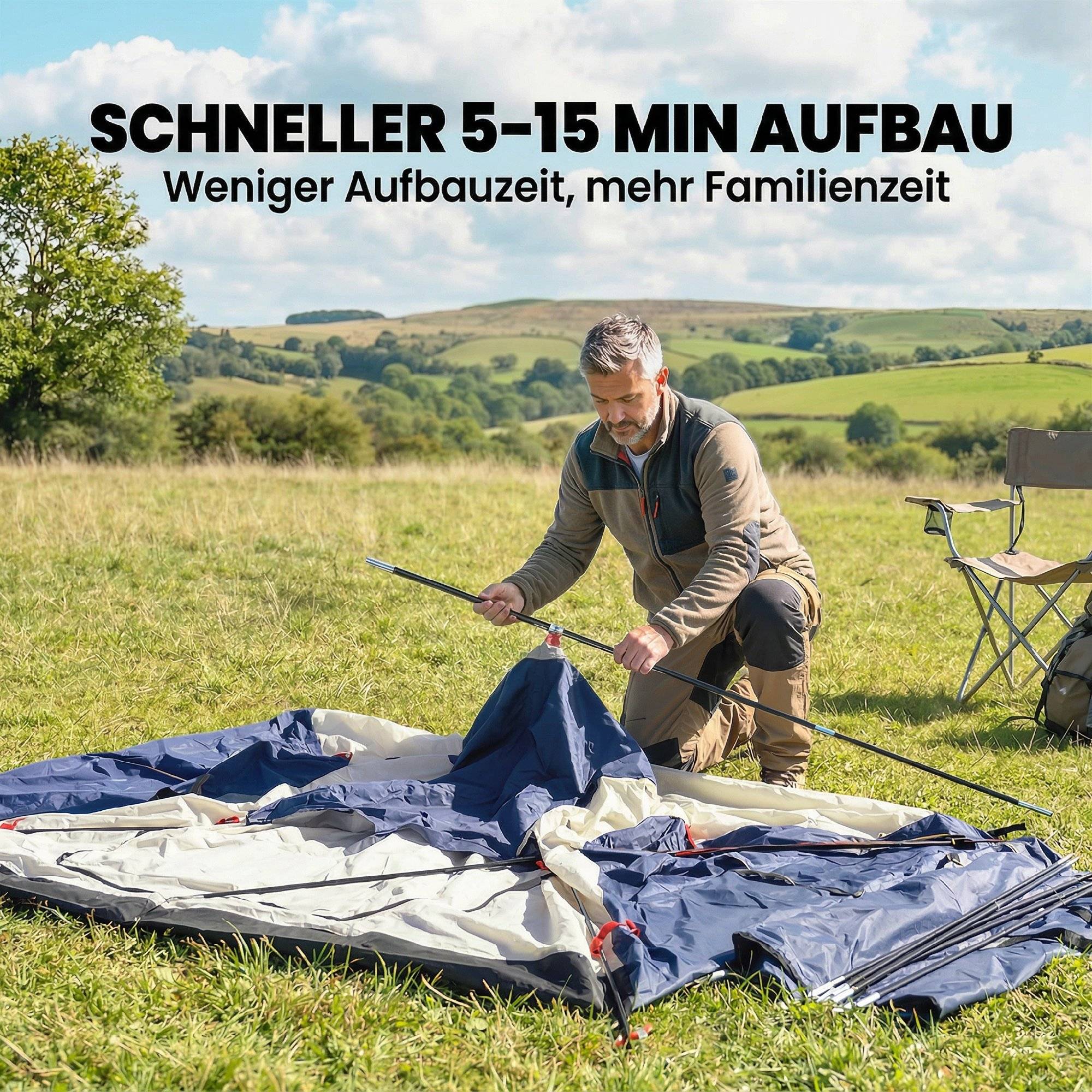 Tente tunnel 4 personnes familiale fenêtres chambre et séjour, tapis de sol, hauteur sous plafond 3000 mm - Image 9