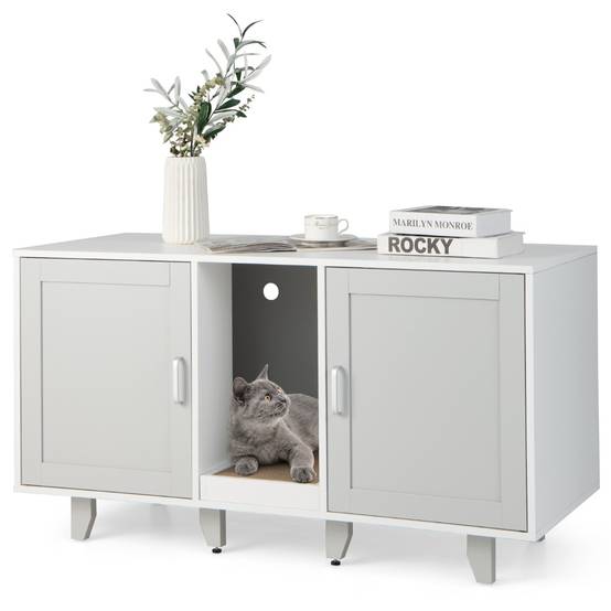Maison de Toilette pour Chat 2 Portes Planche à Gratter Amovible Meuble Bac à Litière pour Chat 2 Compartiments Gris - Image 4