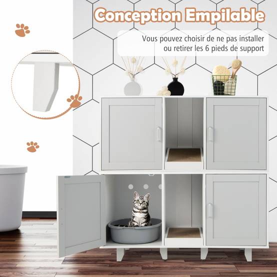 Maison de Toilette pour Chat 2 Portes Planche à Gratter Amovible Meuble Bac à Litière pour Chat 2 Compartiments Gris - Image 6