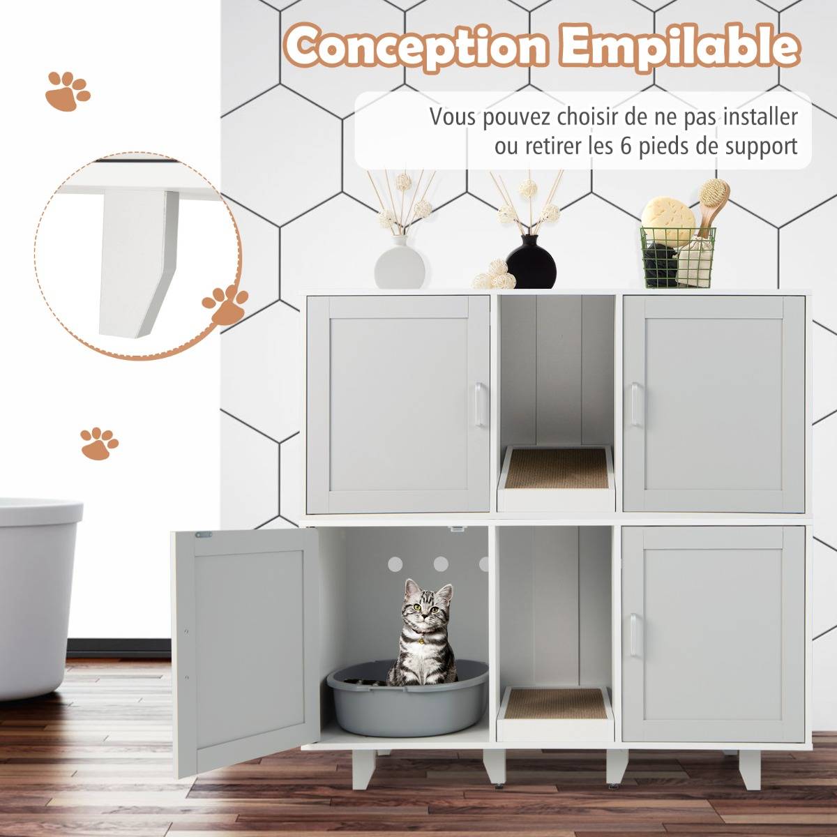 Maison de Toilette pour Chat 2 Portes Planche à Gratter Amovible Meuble Bac à Litière pour Chat 2 Compartiments Gris - Image 6
