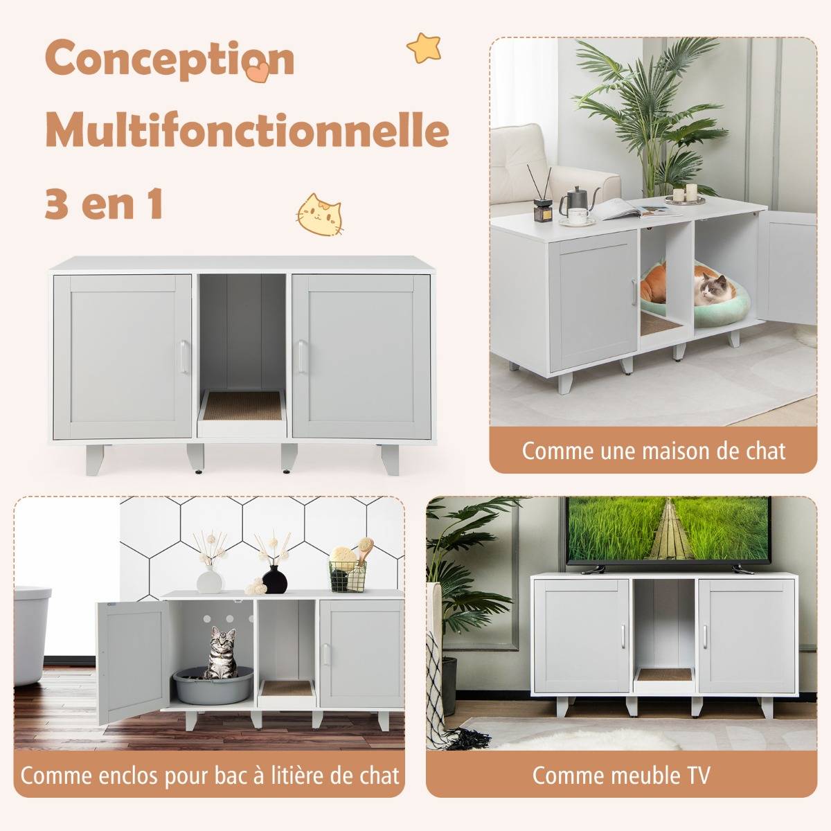 Maison de Toilette pour Chat 2 Portes Planche à Gratter Amovible Meuble Bac à Litière pour Chat 2 Compartiments Gris - Image 9