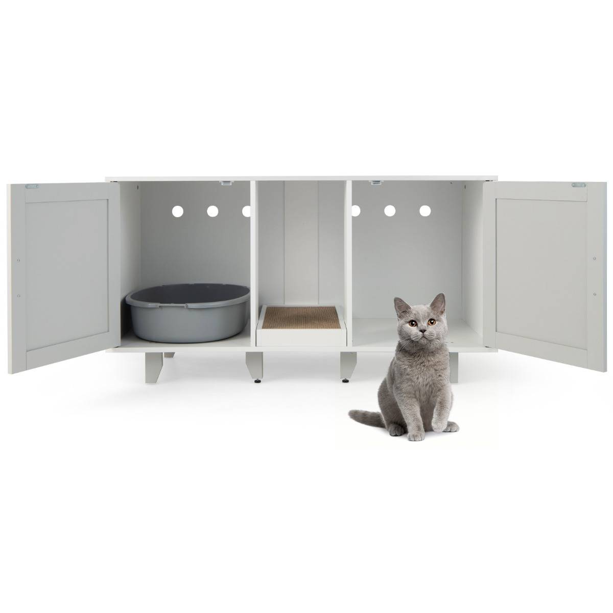 Maison de Toilette pour Chat 2 Portes Planche à Gratter Amovible Meuble Bac à Litière pour Chat 2 Compartiments Gris - Image 3