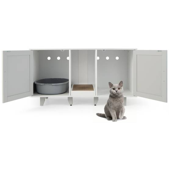 Maison de Toilette pour Chat 2 Portes Planche à Gratter Amovible Meuble Bac à Litière pour Chat 2 Compartiments Gris - Image 1