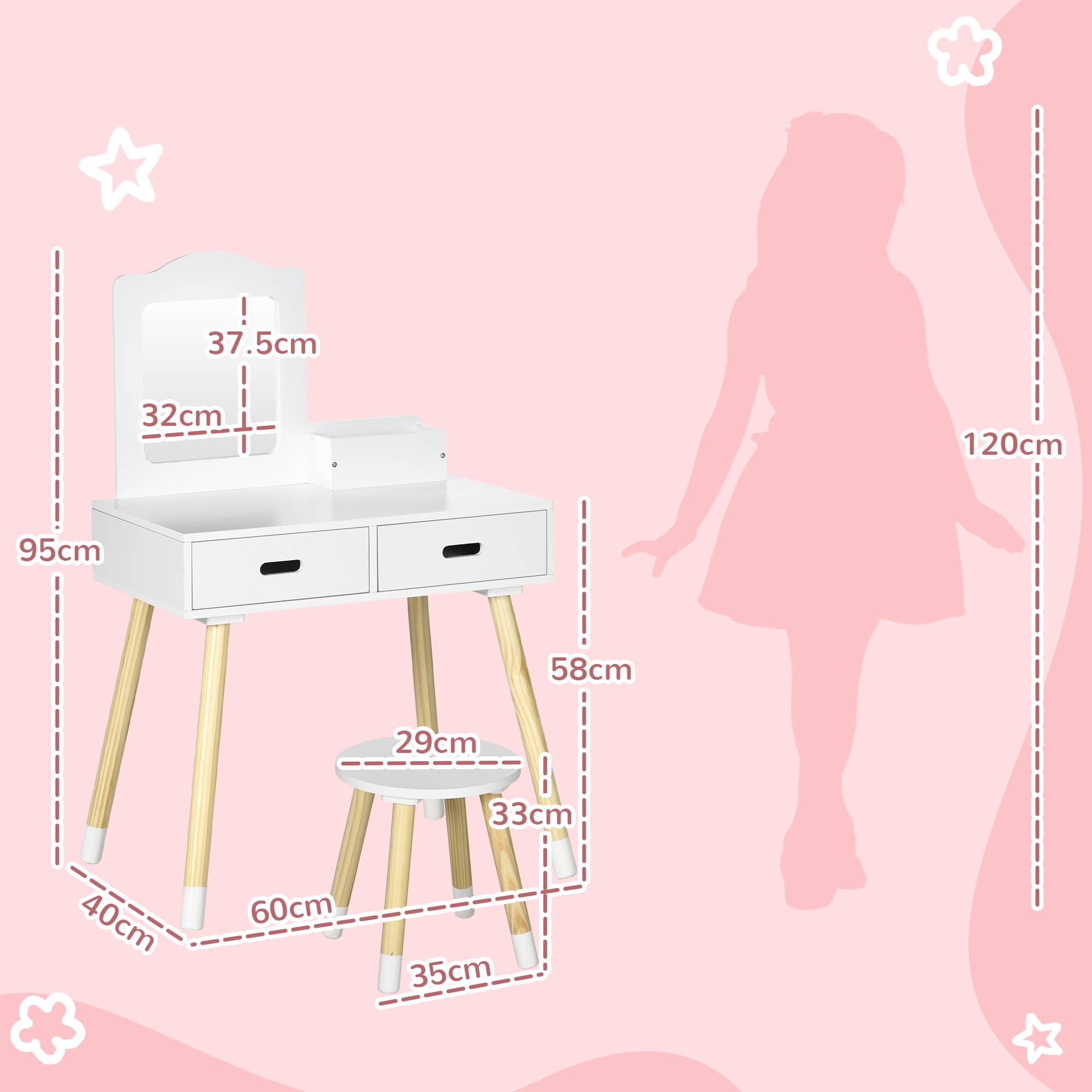 Sans Marque - Ensemble coiffeuse pour enfants avec table de toilette, tabouret, miroir et 2 tiroirs, coloris blanc et bois. - Image 5