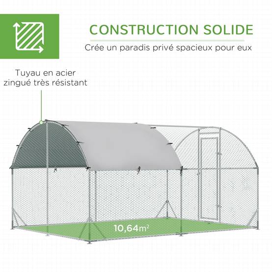 Grand enclos poulailler 10,64 ㎡ parc grillagé toit anti-UV porte verouillable 2,8 x 3,8 x 1,97 m argenté - Image 8