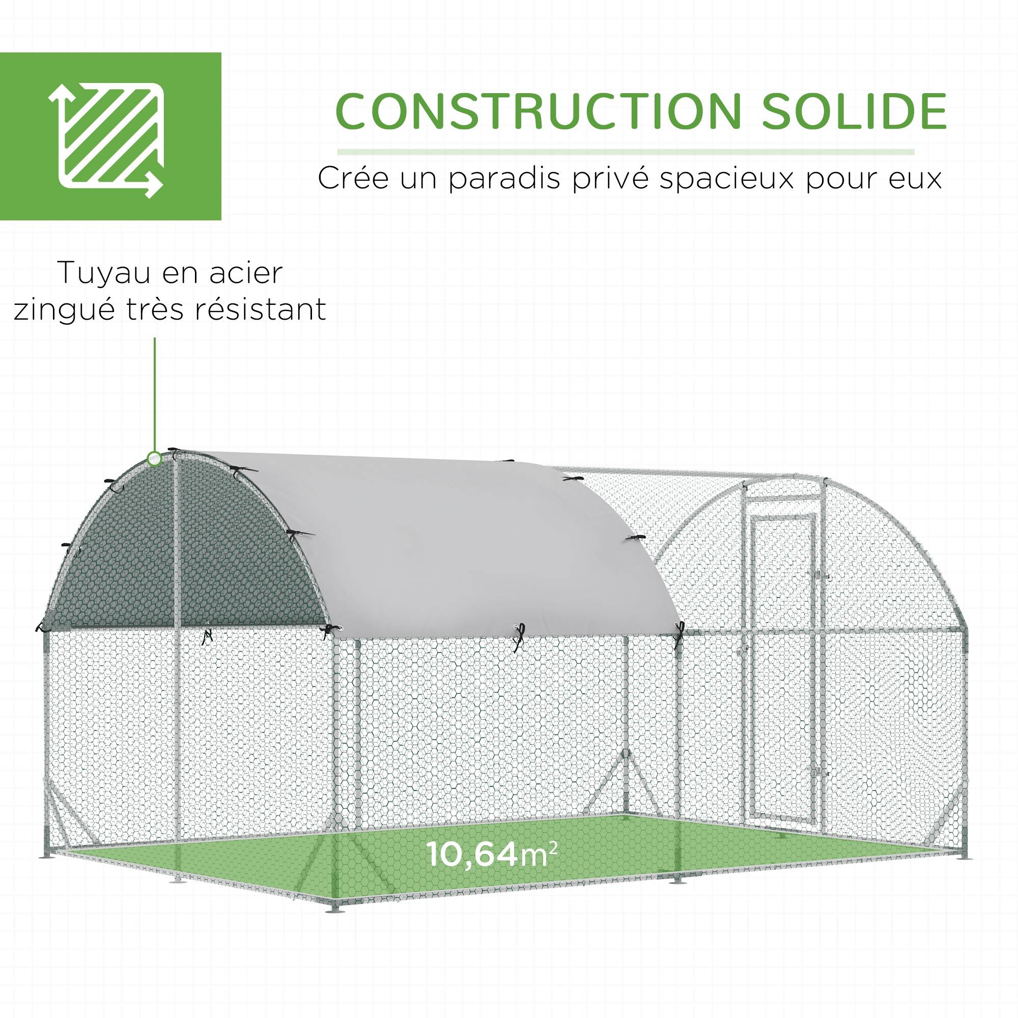 Grand enclos poulailler 10,64 ㎡ parc grillagé toit anti-UV porte verouillable 2,8 x 3,8 x 1,97 m argenté - Image 8