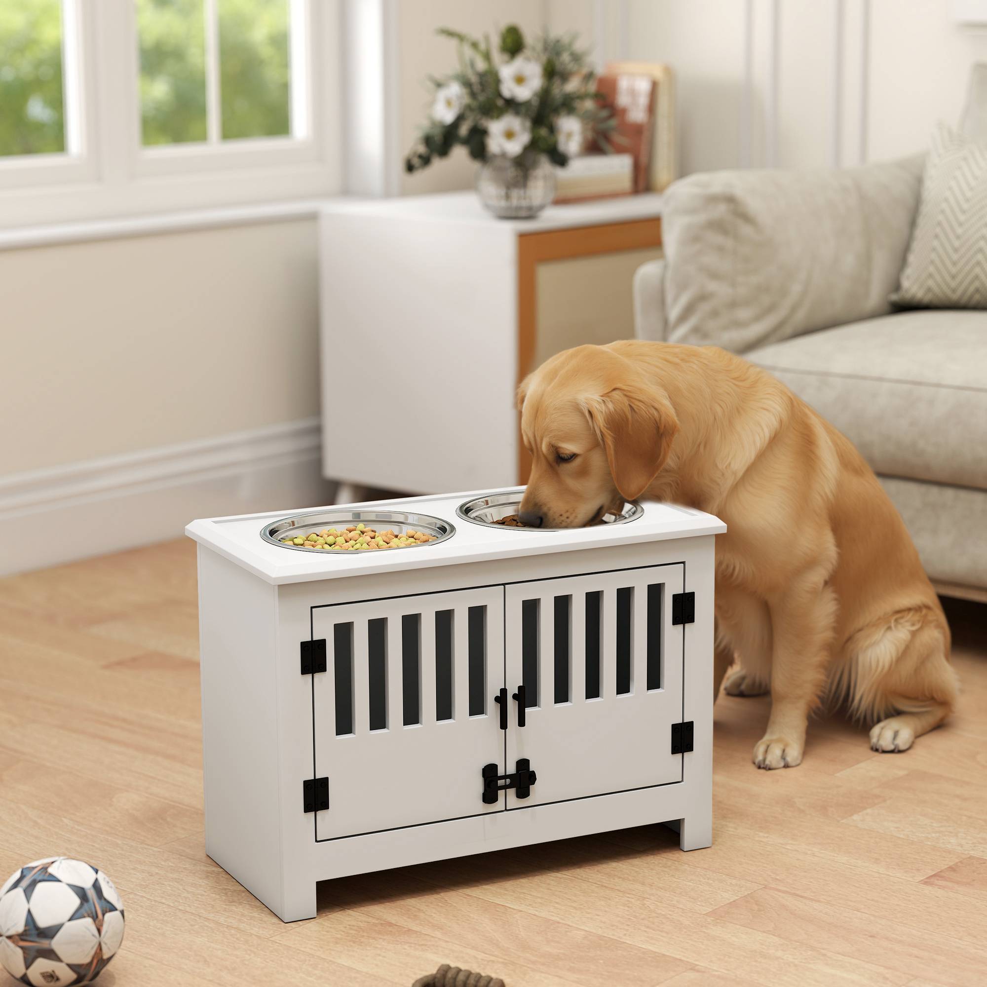 ComfortXL - Station repas surélevée grand chien MDF acier blanc 60 x 30 x 43 cm double gamelle 2 L avec rangement - Image 1