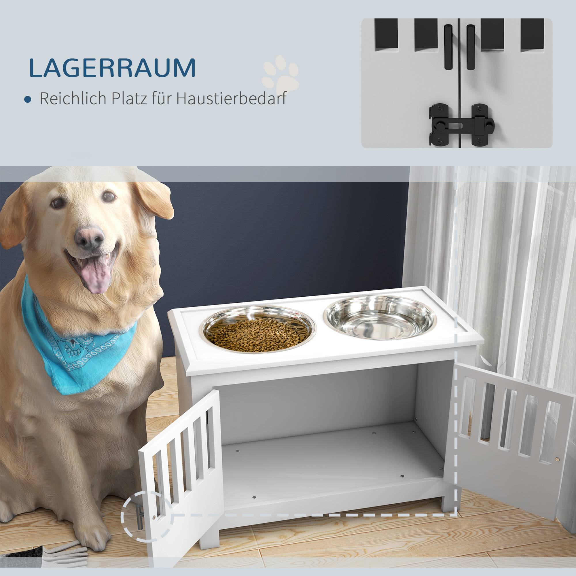 ComfortXL - Station repas surélevée grand chien MDF acier blanc 60 x 30 x 43 cm double gamelle 2 L avec rangement - Image 5
