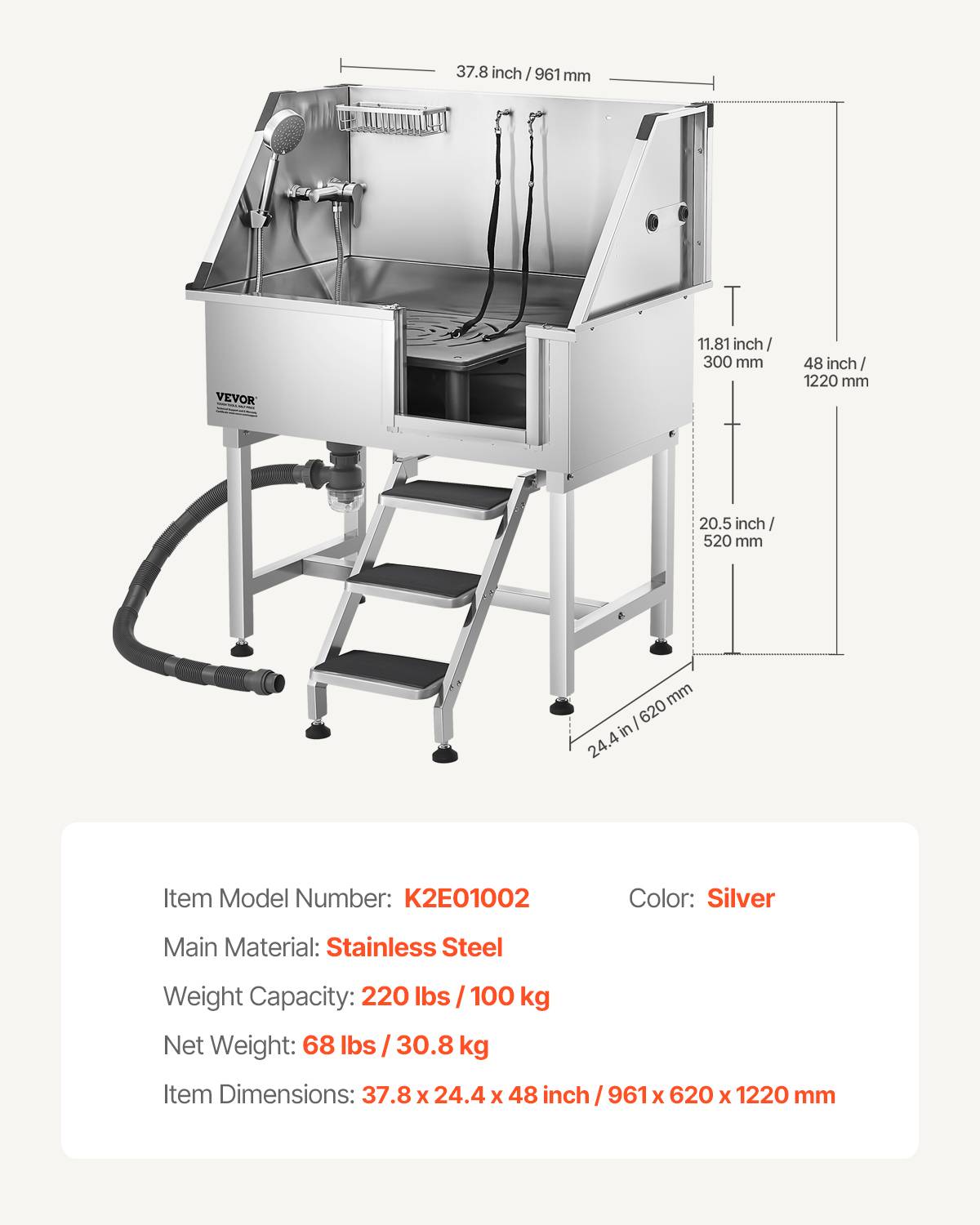 Vevor - VEVOR Baignoire chien inox 96 cm, station lavage, escalier droite, robinet. - Image 7
