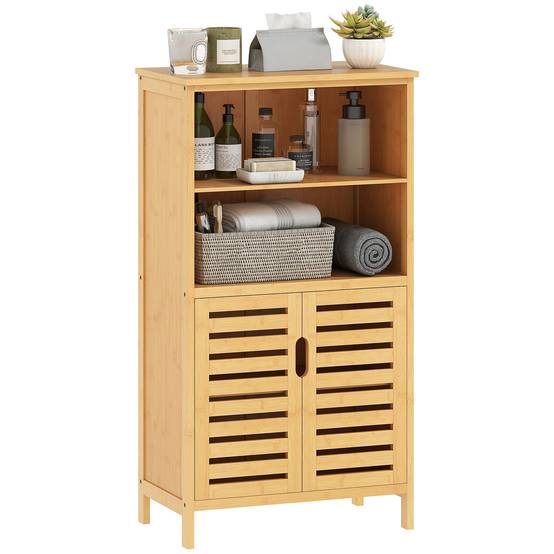 Meuble salle de bain bambou naturel avec 2 portes à lattes et 2 compartiments, rangement écologique 50x29x92 cm - Image 1