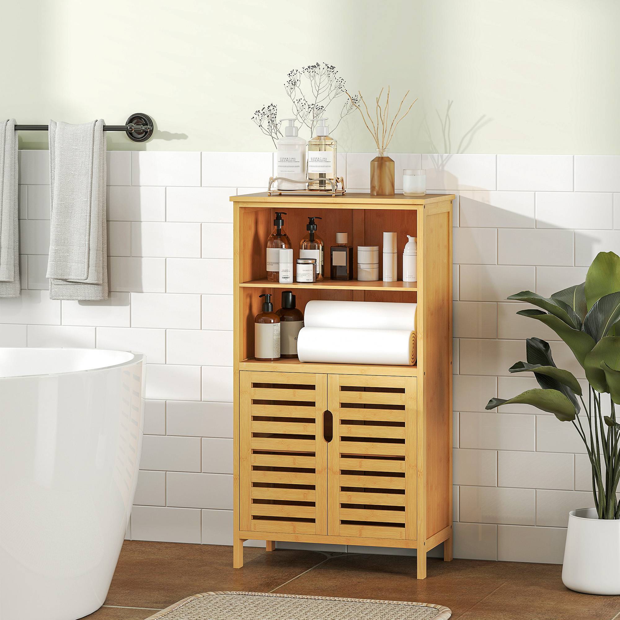 Meuble salle de bain bambou naturel avec 2 portes à lattes et 2 compartiments, rangement écologique 50x29x92 cm - Image 4