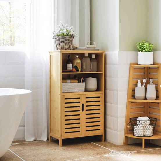 Meuble salle de bain bambou naturel avec 2 portes à lattes et 2 compartiments, rangement écologique 50x29x92 cm - Image 3