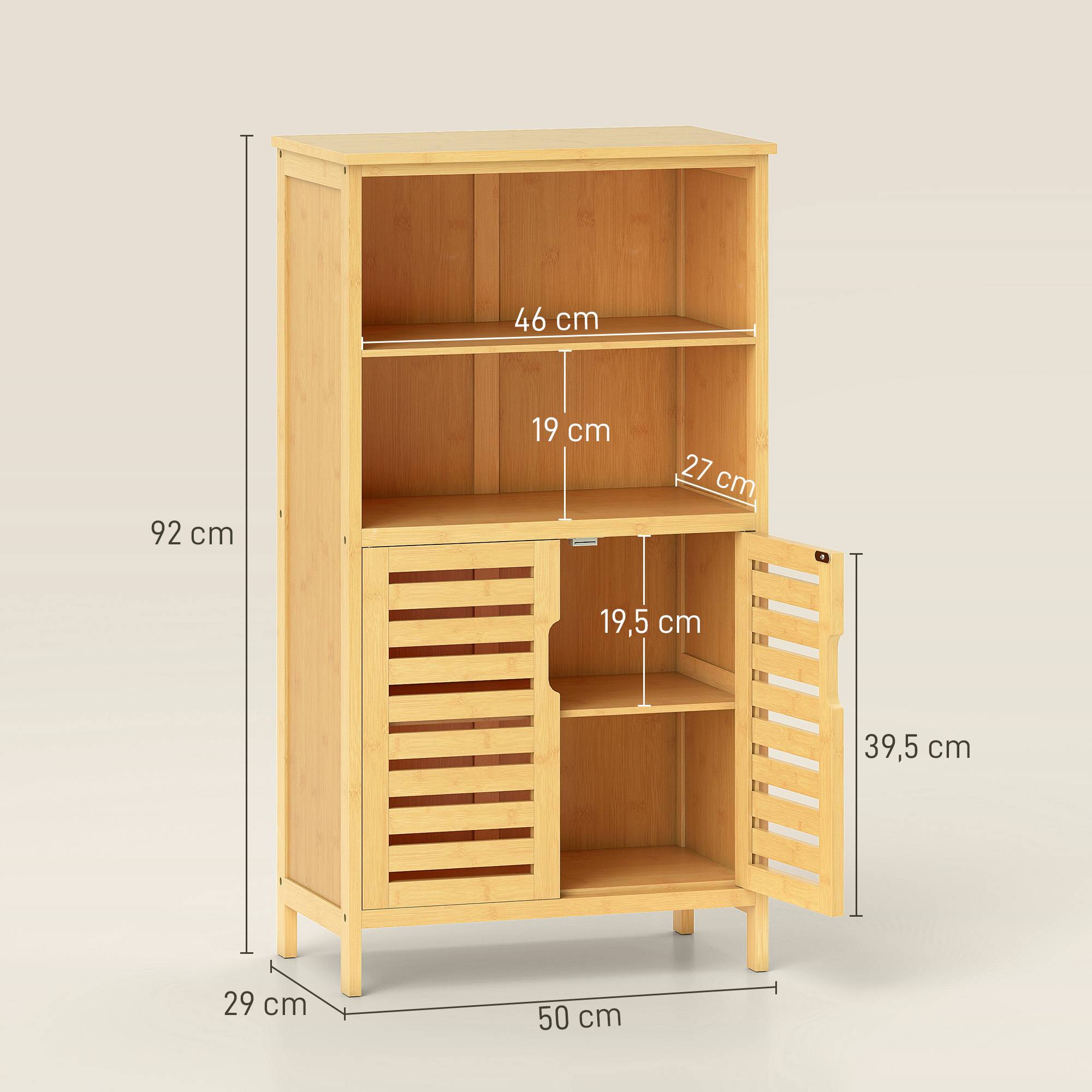Meuble salle de bain bambou naturel avec 2 portes à lattes et 2 compartiments, rangement écologique 50x29x92 cm - Image 5