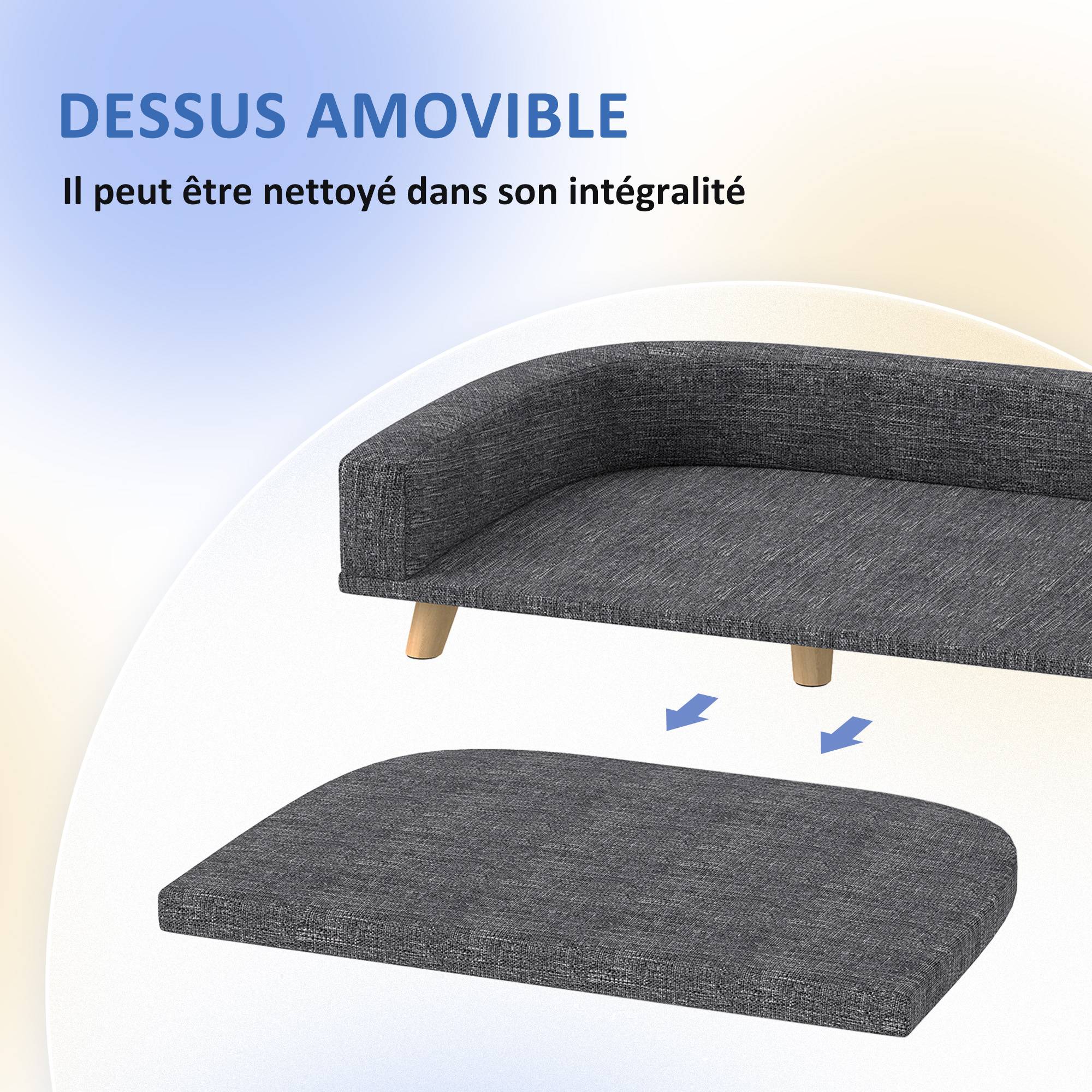 Sans Marque - Canapé Chien Grand Lit surélevé pour Chien Coussin Lavable Cadre en Bois Tissu Polyester 98 x 67 x 25 cm Gris Foncé - Image 7