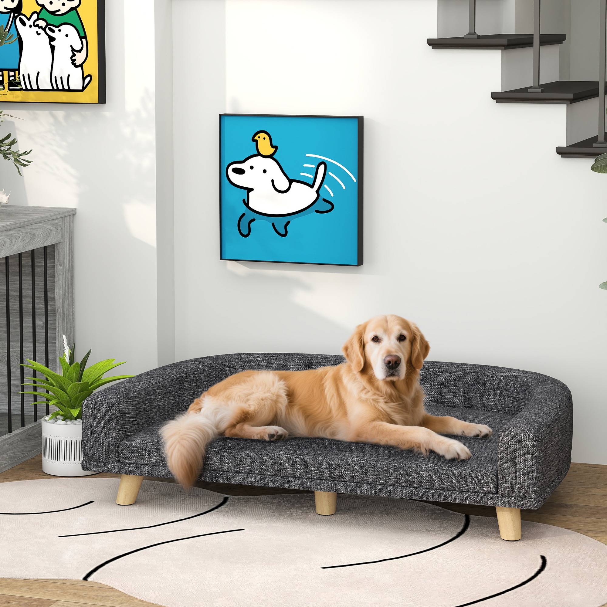 Sans Marque - Canapé Chien Grand Lit surélevé pour Chien Coussin Lavable Cadre en Bois Tissu Polyester 98 x 67 x 25 cm Gris Foncé - Image 3