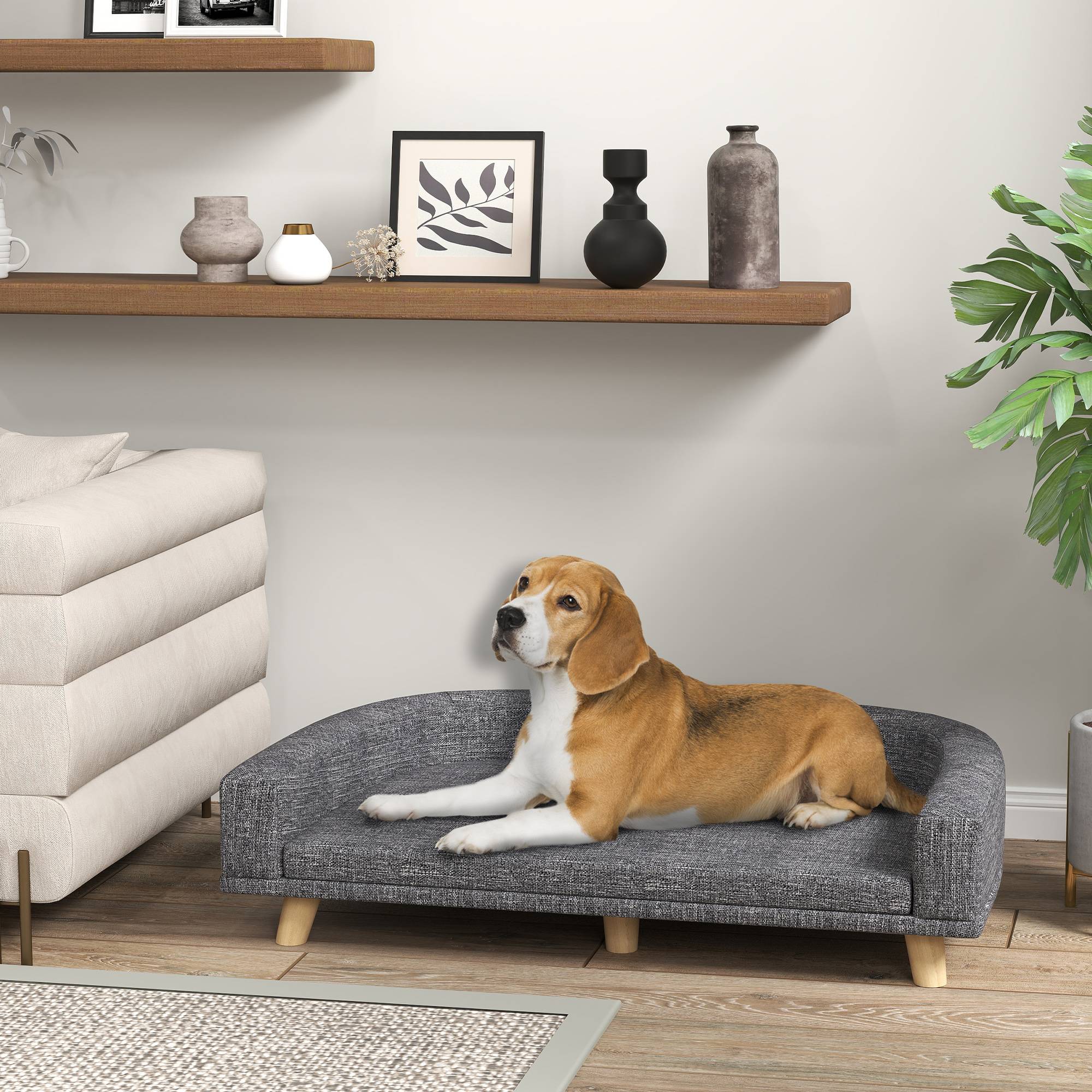 Sans Marque - Canapé Chien Grand Lit surélevé pour Chien Coussin Lavable Cadre en Bois Tissu Polyester 98 x 67 x 25 cm Gris Foncé - Image 4