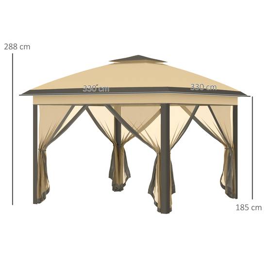 Tente pliante 3,3 x 3,3 m à hauteur réglable, double toit, 4 moustiquaires amovibles et sac de transport, beige anti-UV - Image 5