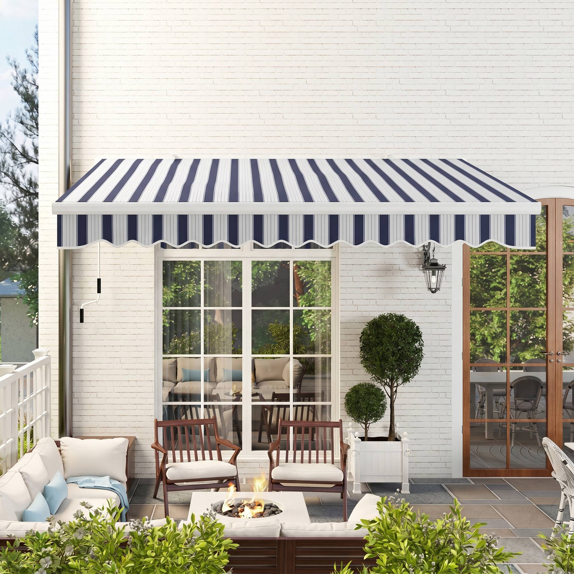 Store pare-soleil rétractable, manivelle, cadre métal, polyester, bleu et blanc, 3,95 x 2,45 x 3,50 m - Image 3