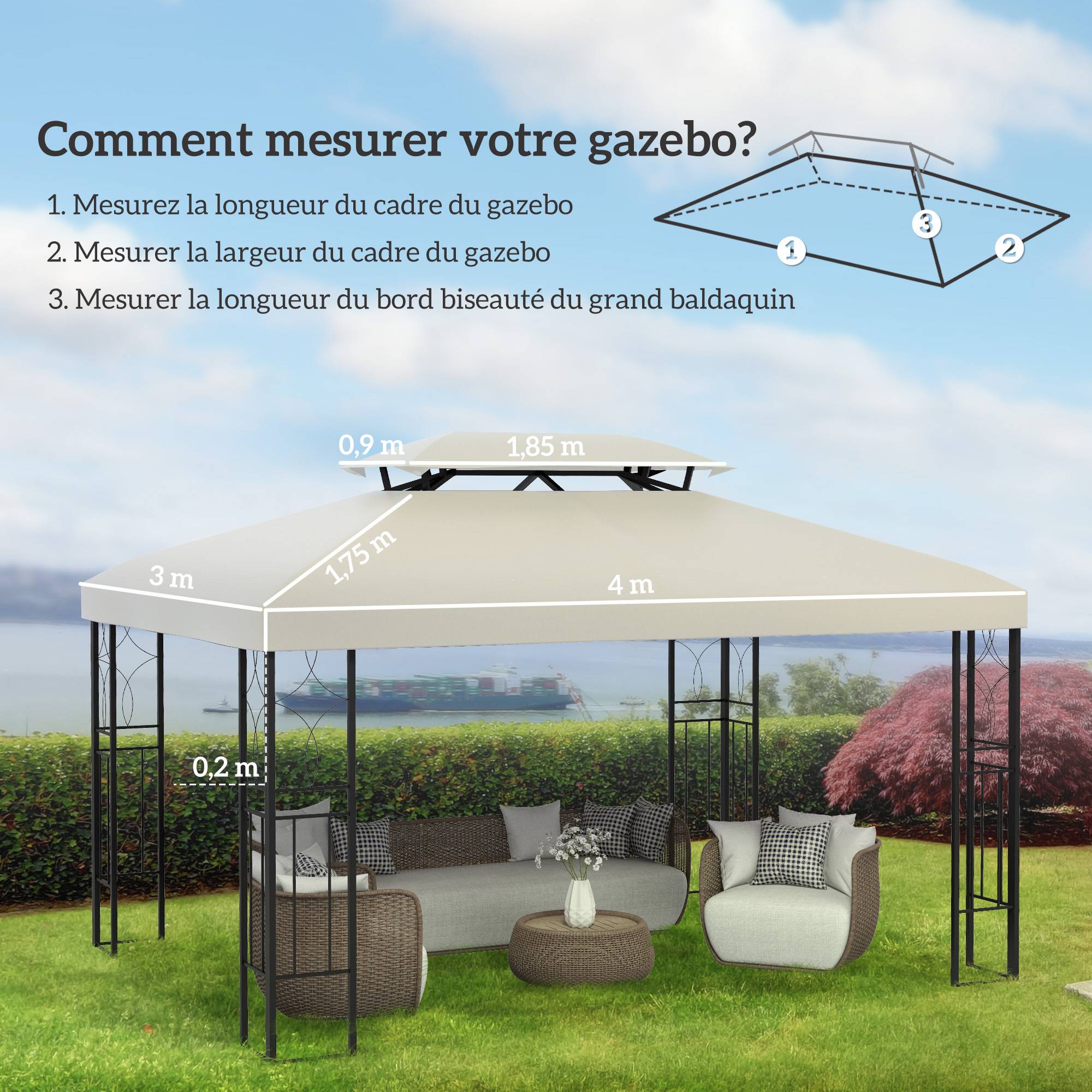 Homcom - Toit de remplacement pour gazebo tonnelle pavillon jardin 3x4m imperméable haute densité polyester 180g/m² crème - HOMCOM - Image 3