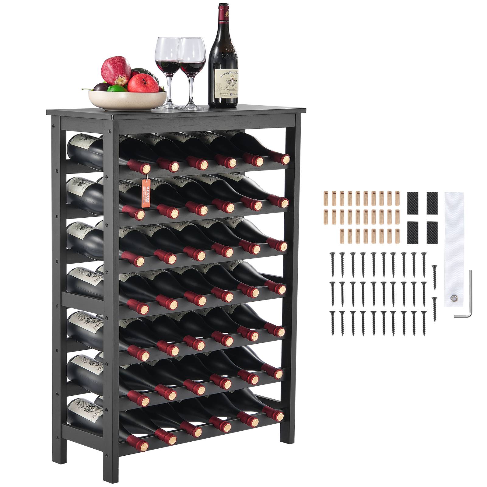 VEVOR Étagère vin 42 bouteilles, bambou 7 couches, surface supérieure. Autoportante, noir.