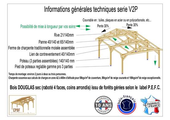 Cpbf Charpentes - Carport deux Pentes 400cmx500cm, Bois DOUGLAS Français (Charpente en bois-auvent-abri voiture), 20 m². Garantie 10 ans - Image 3